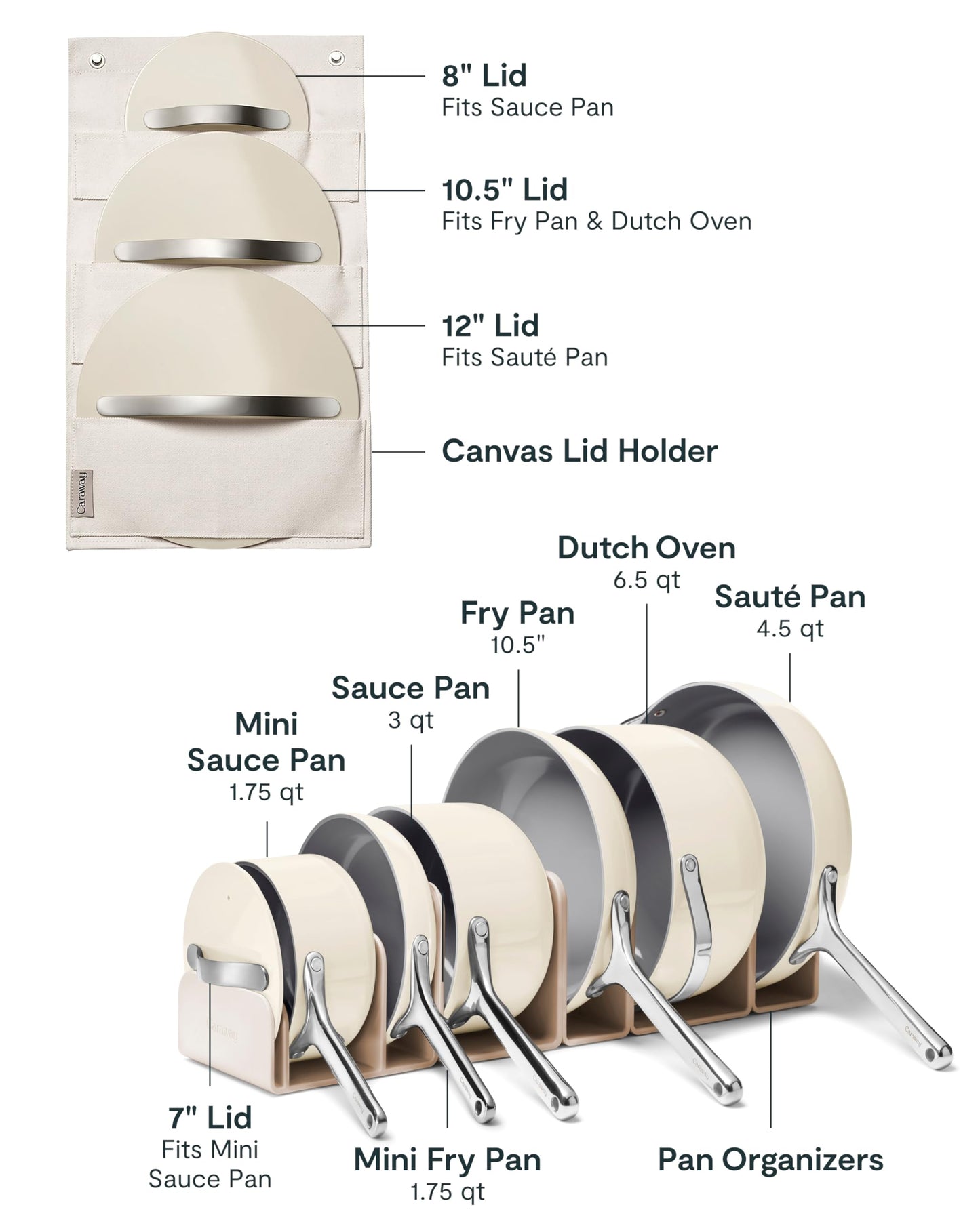 Caraway Deluxe Non-stick Ceramic Cookware Set (16 Piece) Pots, Frying Pans, Lids and Kitchen Storage - PFAS & PFOA Free - Oven Safe Pan Set & Compatible with All Stovetops - Cream