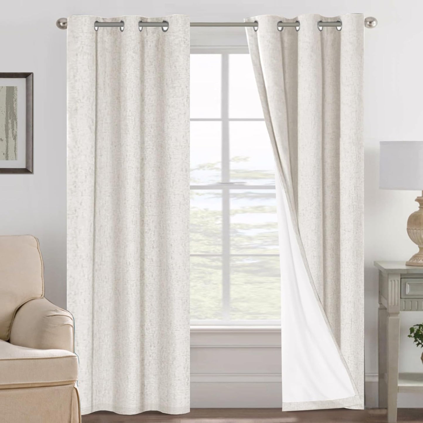 H.VERSAILTEXLinen-Polyester Curtains 100%Blackout Curtains for Bedroom 96"Long Full Light Blocking Nature Linen-Polyester Blended Window Curtains for LivingRoomNickel Grommet(2Panels,HeatheredNatural)
