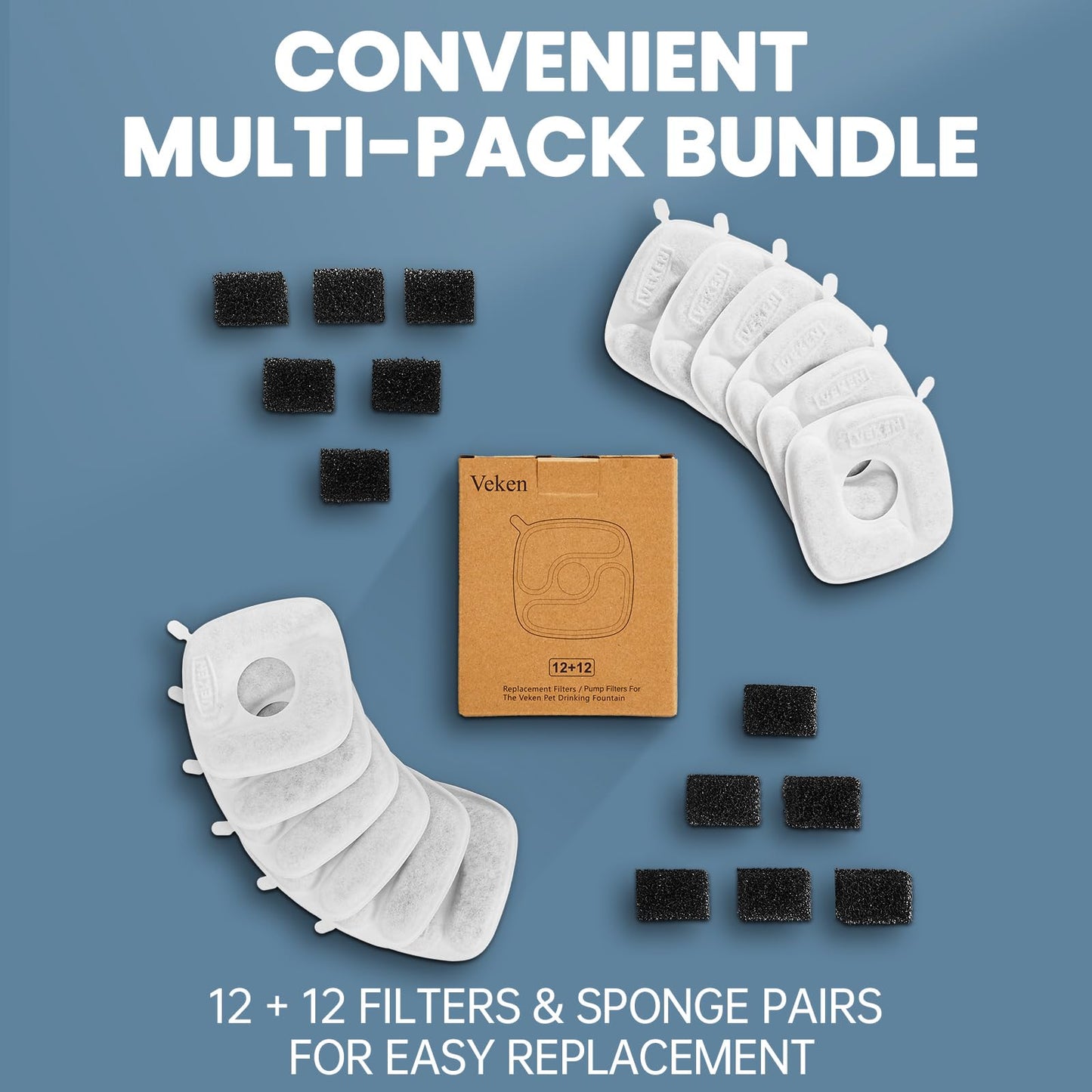 Veken Cat Water Fountain Filters, 8 Pack Replacement Filters & 8 Pack Replacement Pre-Filter Sponges Set for 50oz, 84oz, 95oz or 108oz Automatic Pet Fountain Dog Water Dispenser