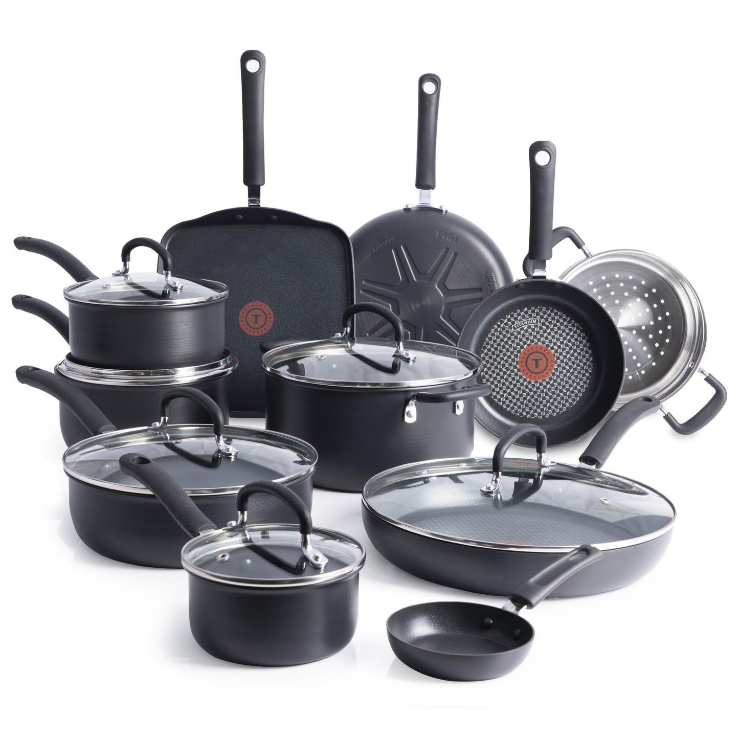 T-Fal Ultimate Hard Anodized Nonstick Cookware Set 17 Piece, Nonstick Pots and Pans Set with Fry Pan, Saucepans, Saute-Pan, Griddle, Dishwasher Safe, Black