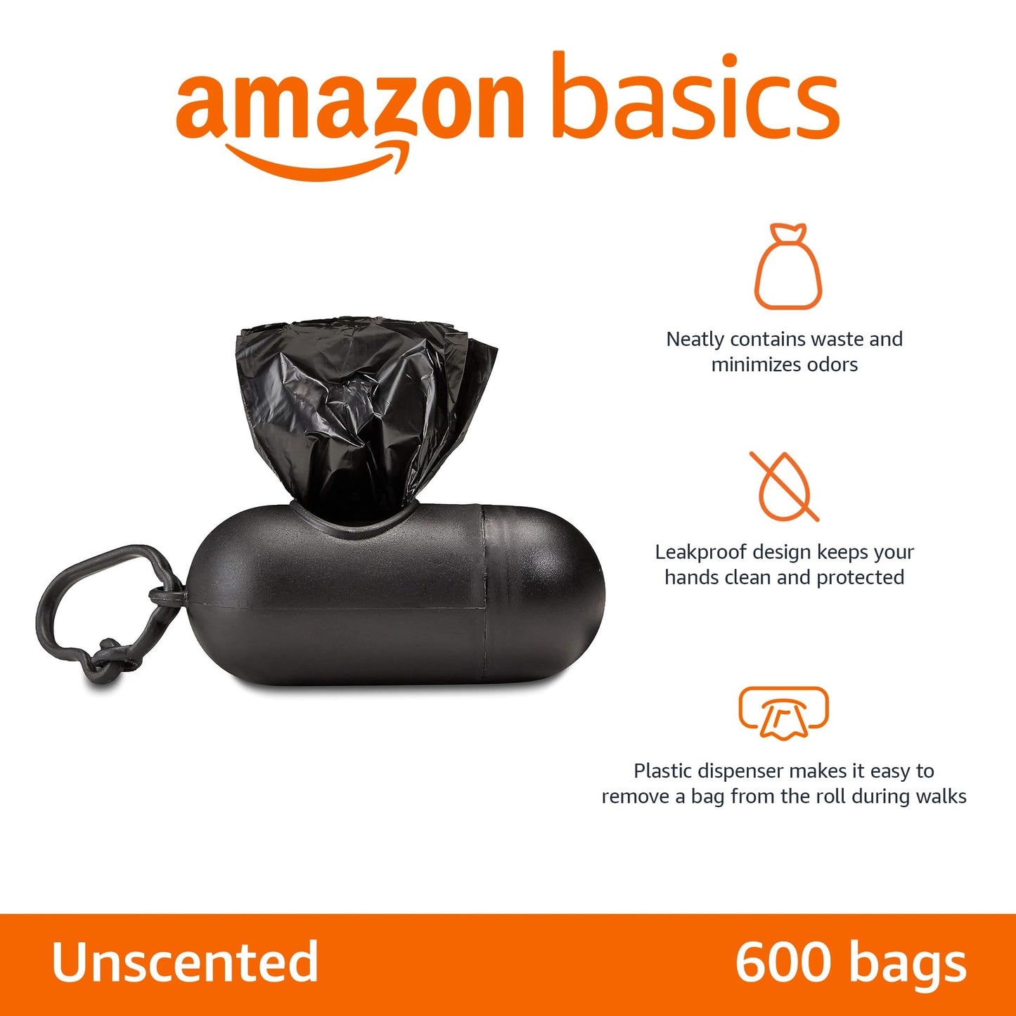 Amazon Basics Dog Poop Bags with Dispenser, 300 Count, Enhanced for Guaranteed Leakproof, Unscented, Includes Leash Clip