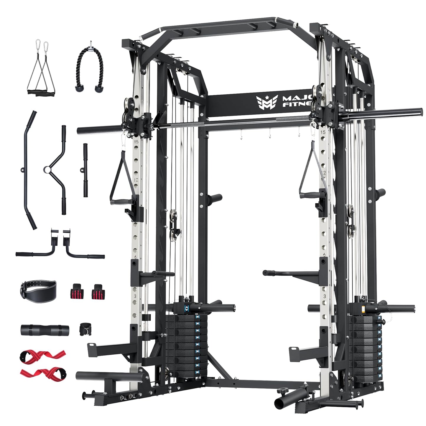 Major Fitness Drone2 Advanced Training Smith Machines– All-in-One Home Gym Squat Rack with Aluminum Pulley Set , Weight Bar, Dual LAT Pull-Down Systems & Cable Crossover Machine for Full-Body Workouts
