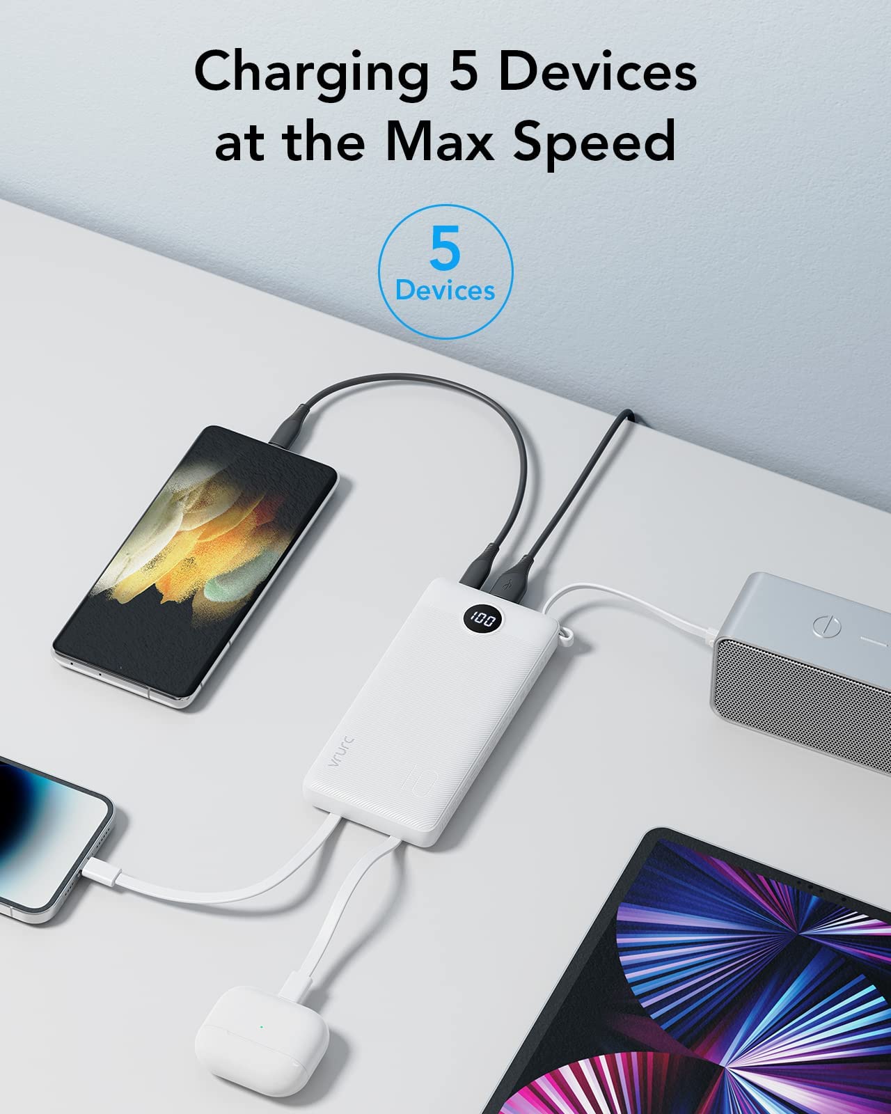 VRURC Portable Charger Power Bank, 10000mAh Travel Essentials Battery Pack, 5 Outputs 2 Inputs Slim Charing Bank Built-in Cables Cords Wires Compatible with iPhone,Samsung,Android-White(1 Pack)