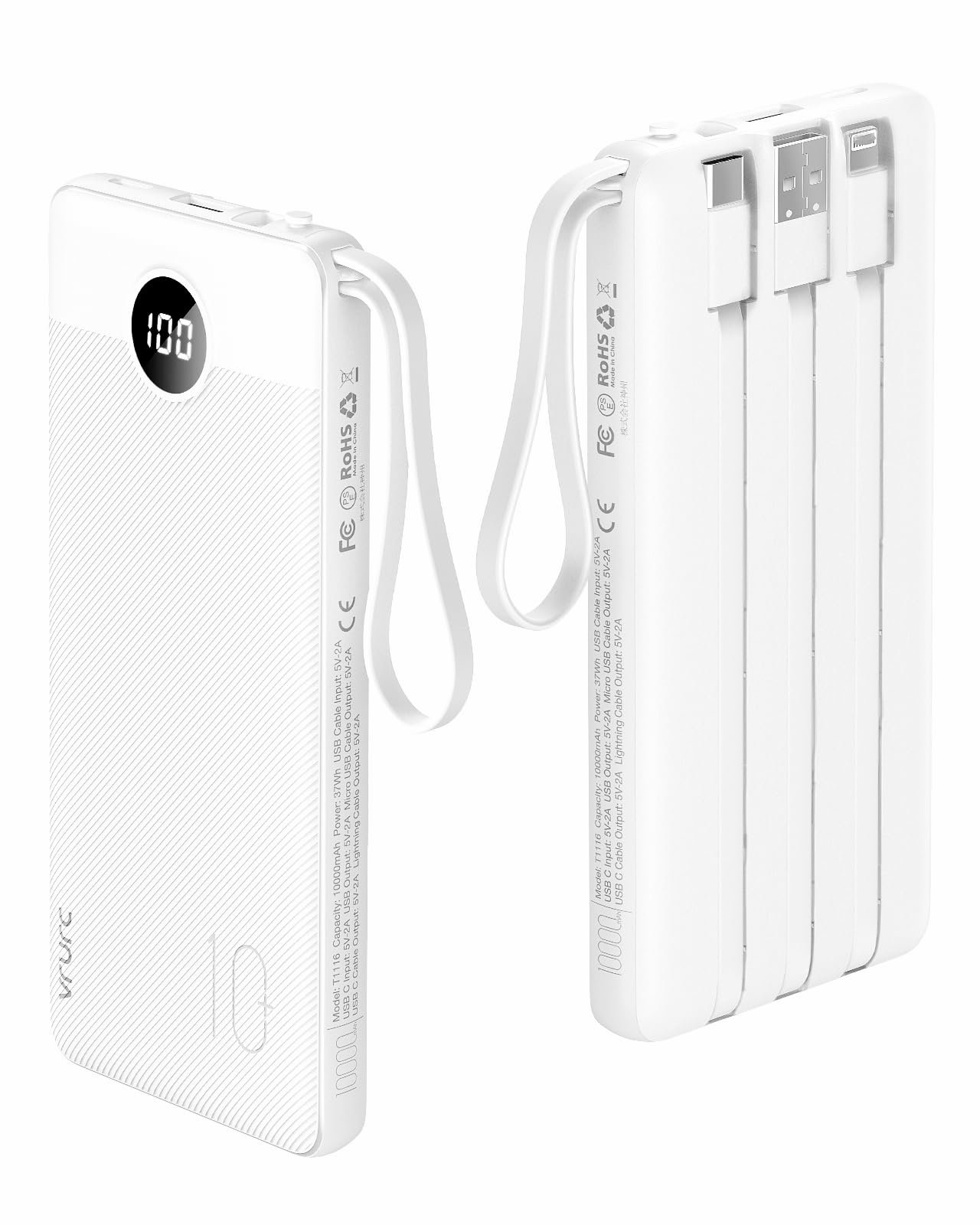 VRURC Portable Charger Power Bank, 10000mAh Travel Essentials Battery Pack, 5 Outputs 2 Inputs Slim Charing Bank Built-in Cables Cords Wires Compatible with iPhone,Samsung,Android-White(1 Pack)