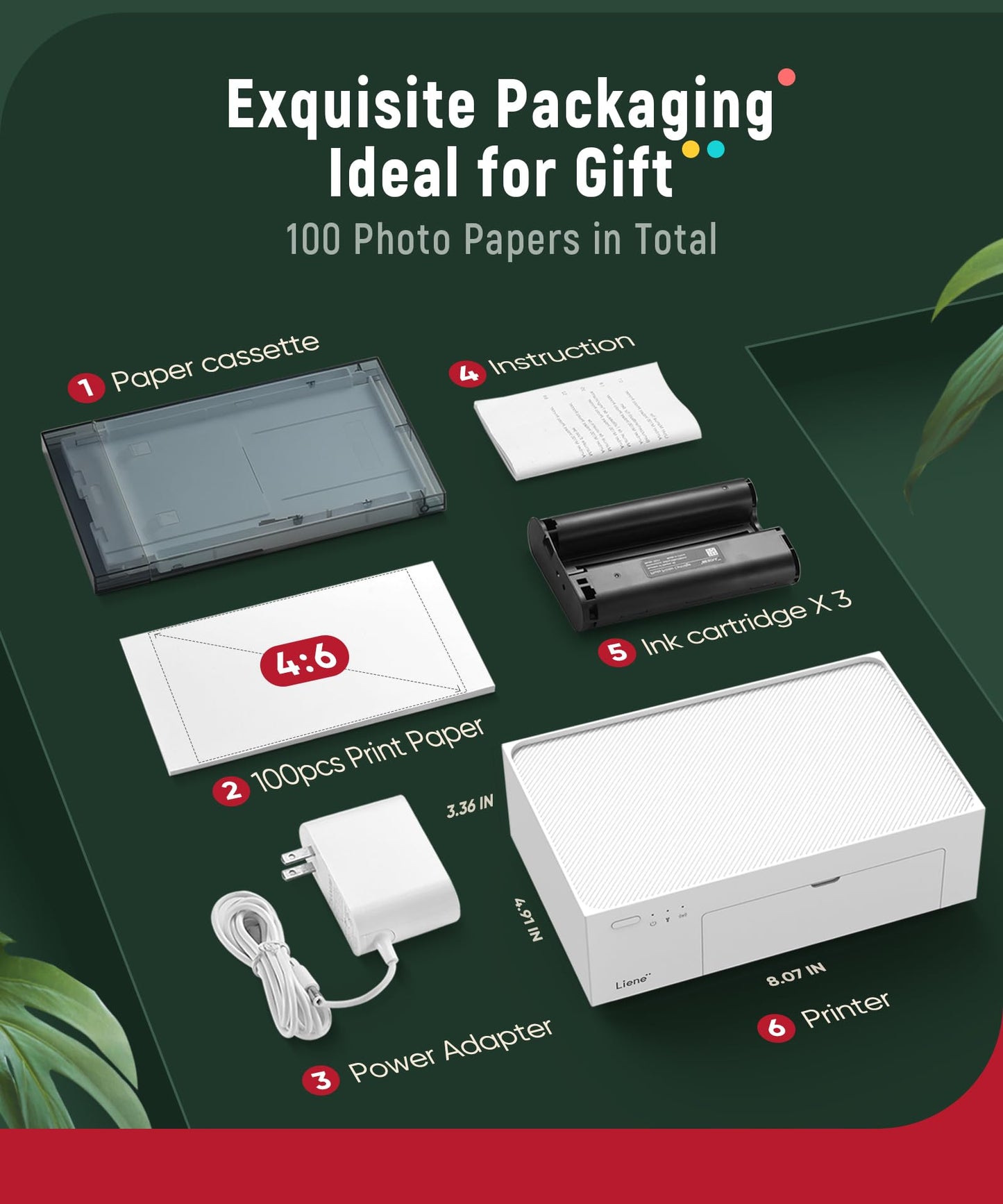 Liene M100 4x6'' Photo Printer, Phone Printer 100 Sheets & 3 Cartridges, Full-Color Photo, Portable Instant Photo Printer for iPhone Android, Thermal Dye Sublimation, Wi-Fi Picture Printer 100 Papers