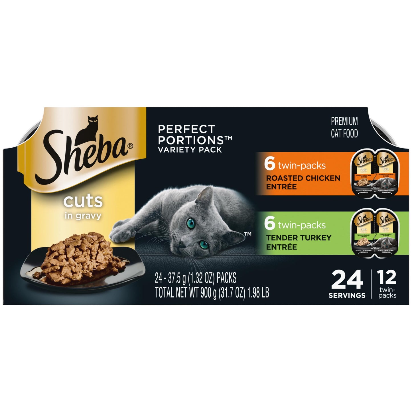 Sheba Perfect Portions Wet Cat Food Cuts in Gravy, Roasted Chicken Entree, with Sustainable Salmon, Tender Turkey Entree, 2.6 oz. Twin-Pack Trays (24 Count, 48 Servings)
