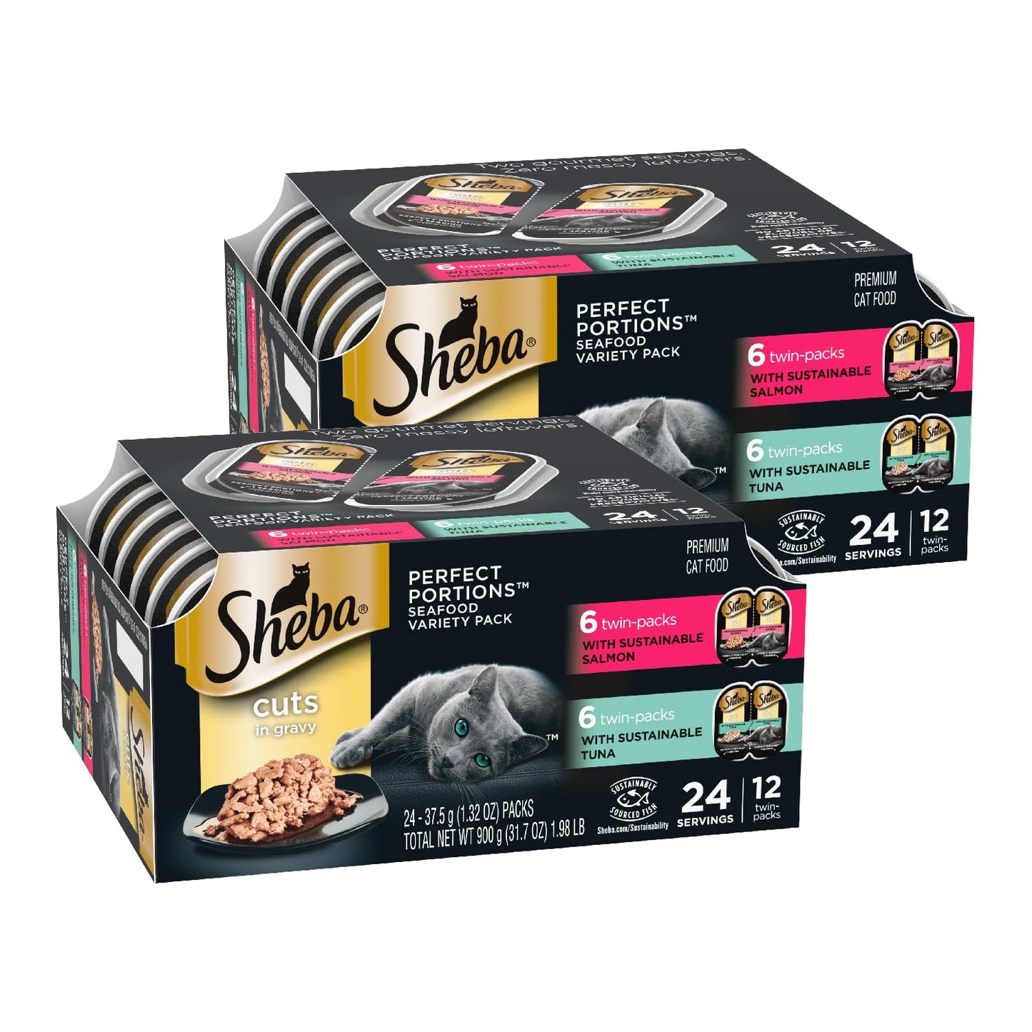 Sheba Perfect Portions Wet Cat Food Cuts in Gravy, Roasted Chicken Entree, with Sustainable Salmon, Tender Turkey Entree, 2.6 oz. Twin-Pack Trays (24 Count, 48 Servings)