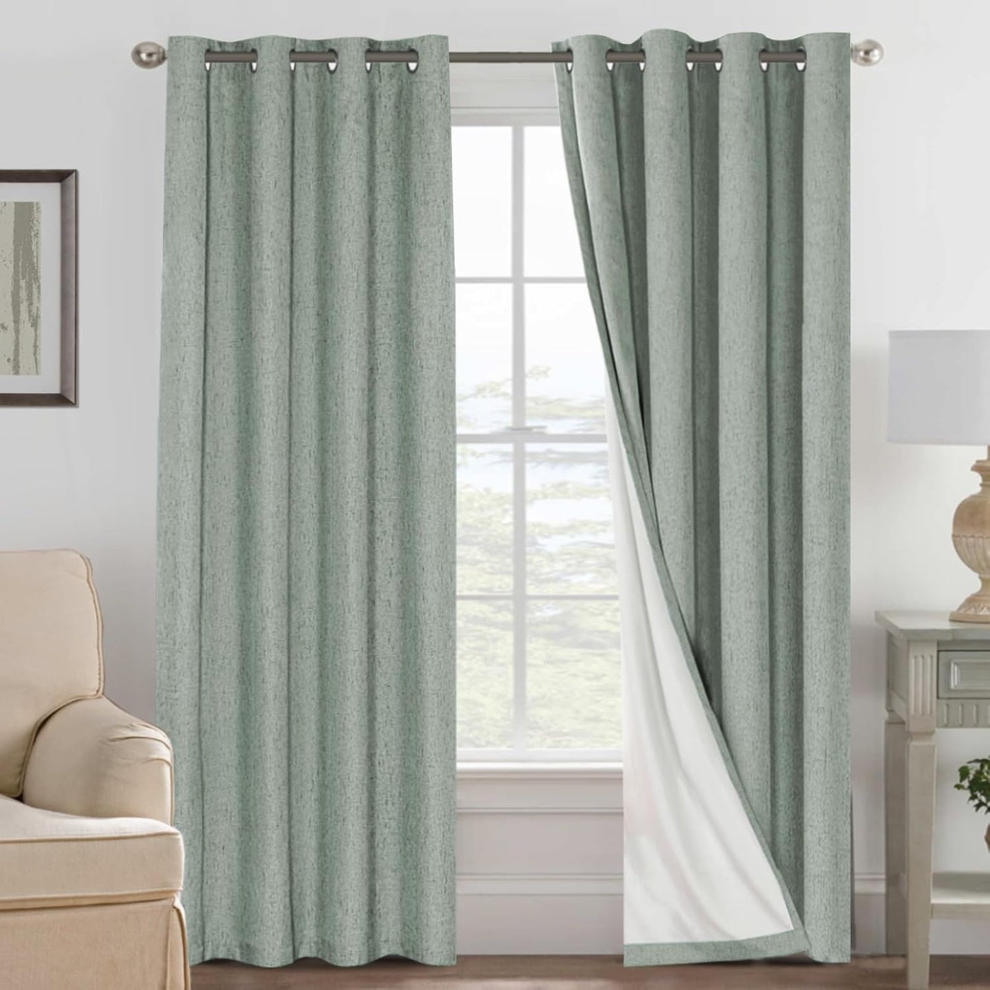 H.VERSAILTEXLinen-Polyester Curtains 100%Blackout Curtains for Bedroom 96"Long Full Light Blocking Nature Linen-Polyester Blended Window Curtains for LivingRoomNickel Grommet(2Panels,HeatheredNatural)