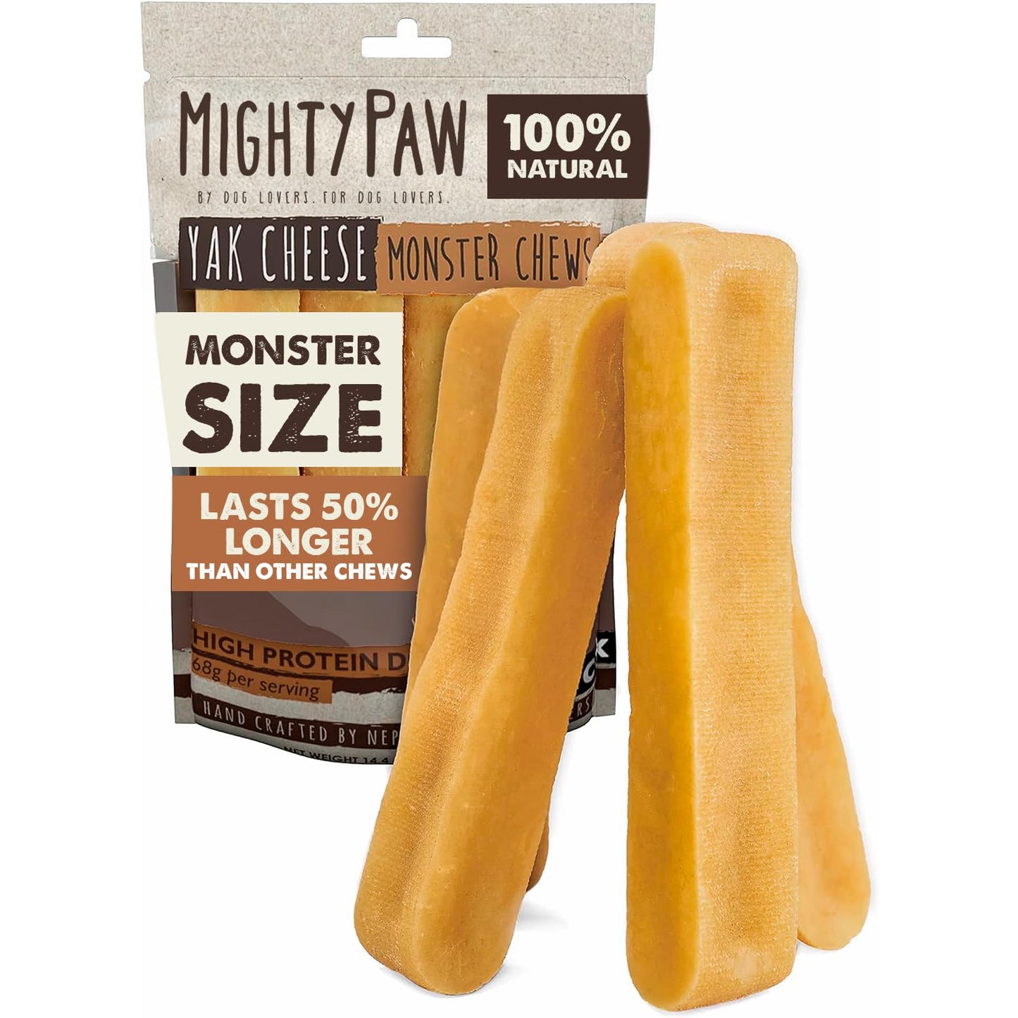 Mighty Paw Yak Cheese Dog Chews – All-Natural Long Lasting Hard Chew for Aggressive Chewers – High Protein, Odor-Free Dog Treat – 3 Ingredient Natural Yak Chews for Large Dogs – (4 Pack)