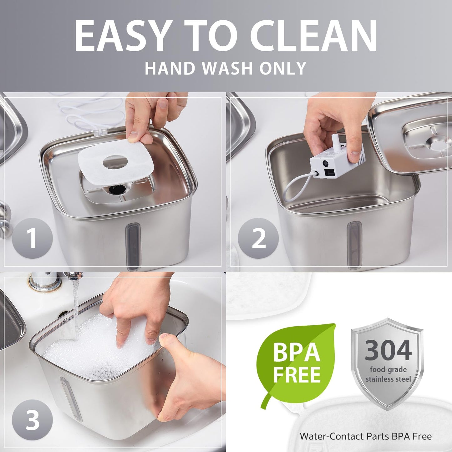 Veken Innovation Award Winner Stainless Steel Cat Water Fountain, 95oz/2.8L Automatic Pet Fountain Dog Water Dispenser with Replacement Filters & Silicone Mat, Gifts for Christmas, Cats, Dogs (Silver)