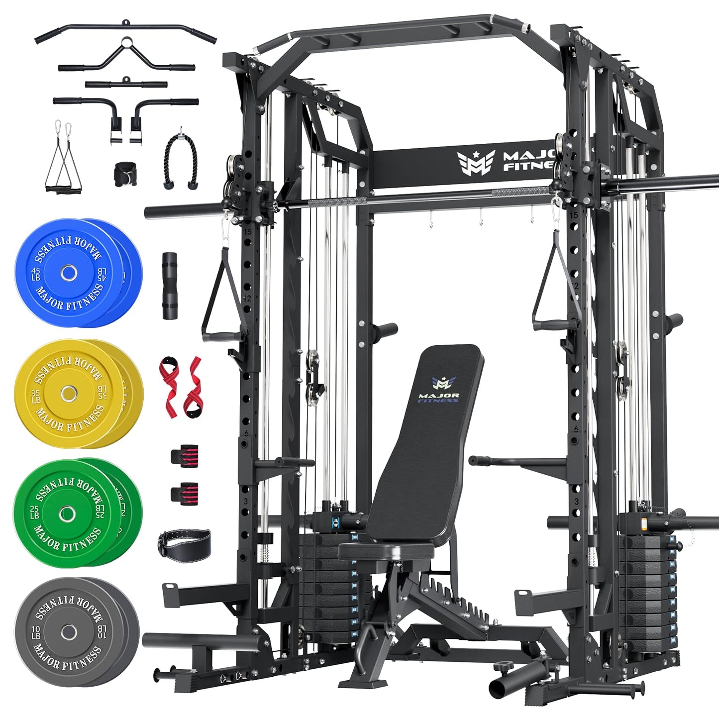 Major Fitness Drone2 Advanced Training Smith Machines– All-in-One Home Gym Squat Rack with Aluminum Pulley Set , Weight Bar, Dual LAT Pull-Down Systems & Cable Crossover Machine for Full-Body Workouts