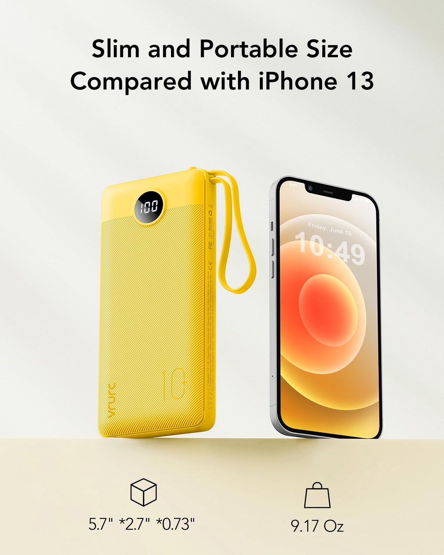 VRURC Portable Charger Power Bank, 10000mAh Travel Essentials Battery Pack, 5 Outputs 2 Inputs Slim Charing Bank Built-in Cables Cords Wires Compatible with iPhone,Samsung,Android-White(1 Pack)