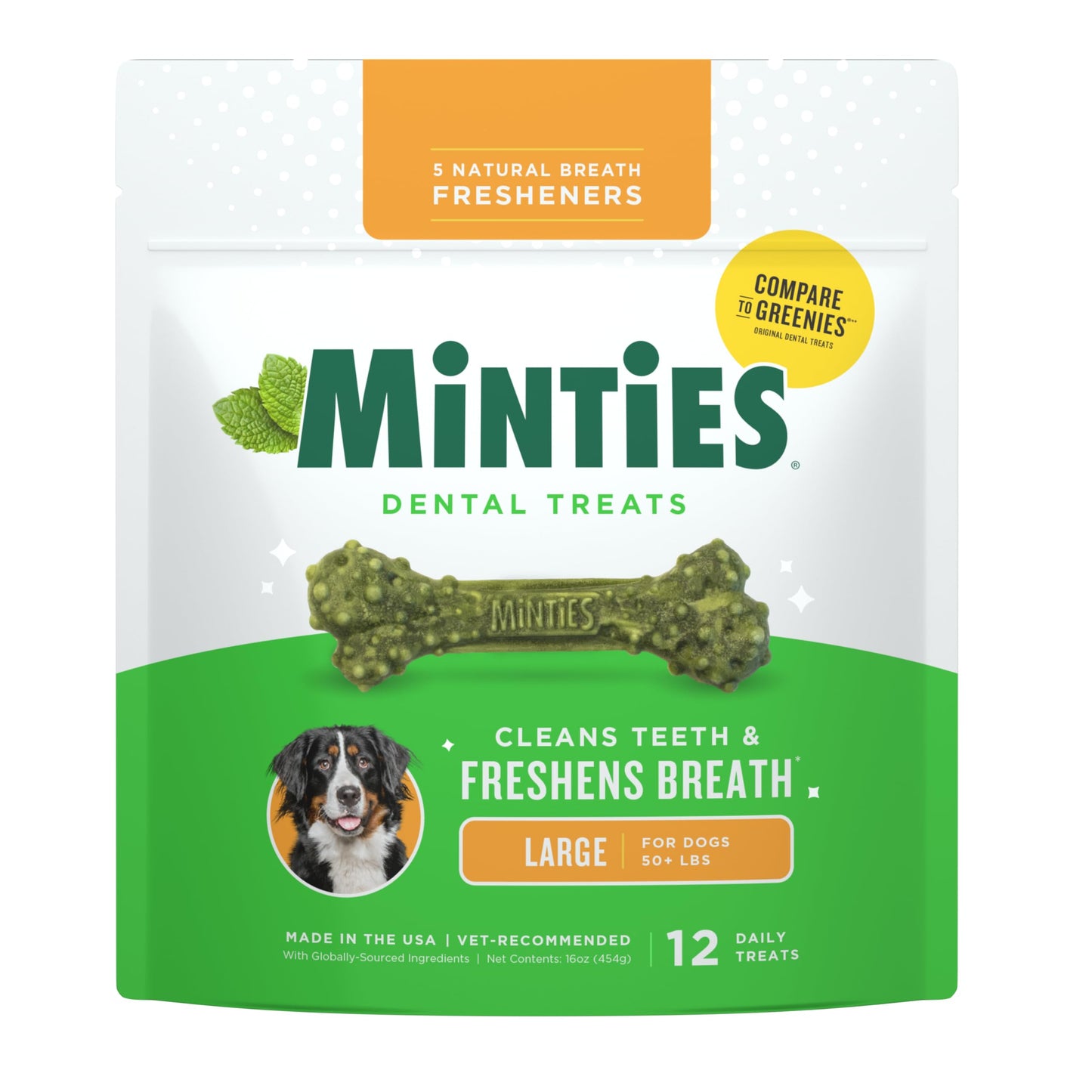 Minties Dog Dental Bone Treats, Tiny/Small Dental Dog Treats, 16 Ounces, Cleans Teeth, Fight Bad Breath, Removes Plaque and Tartar, 16 Count