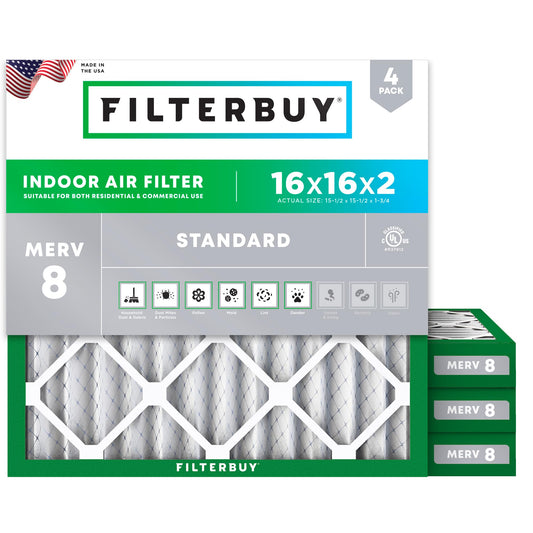 Filterbuy 16x25x1 Air Filter MERV 8 Essential Dust & Allergy Defense (4-Pack), Electrostatic Pleated HVAC AC Furnace Filters Replacement, Made in USA (Actual Size: 15.50 x 24.50 x 0.75)