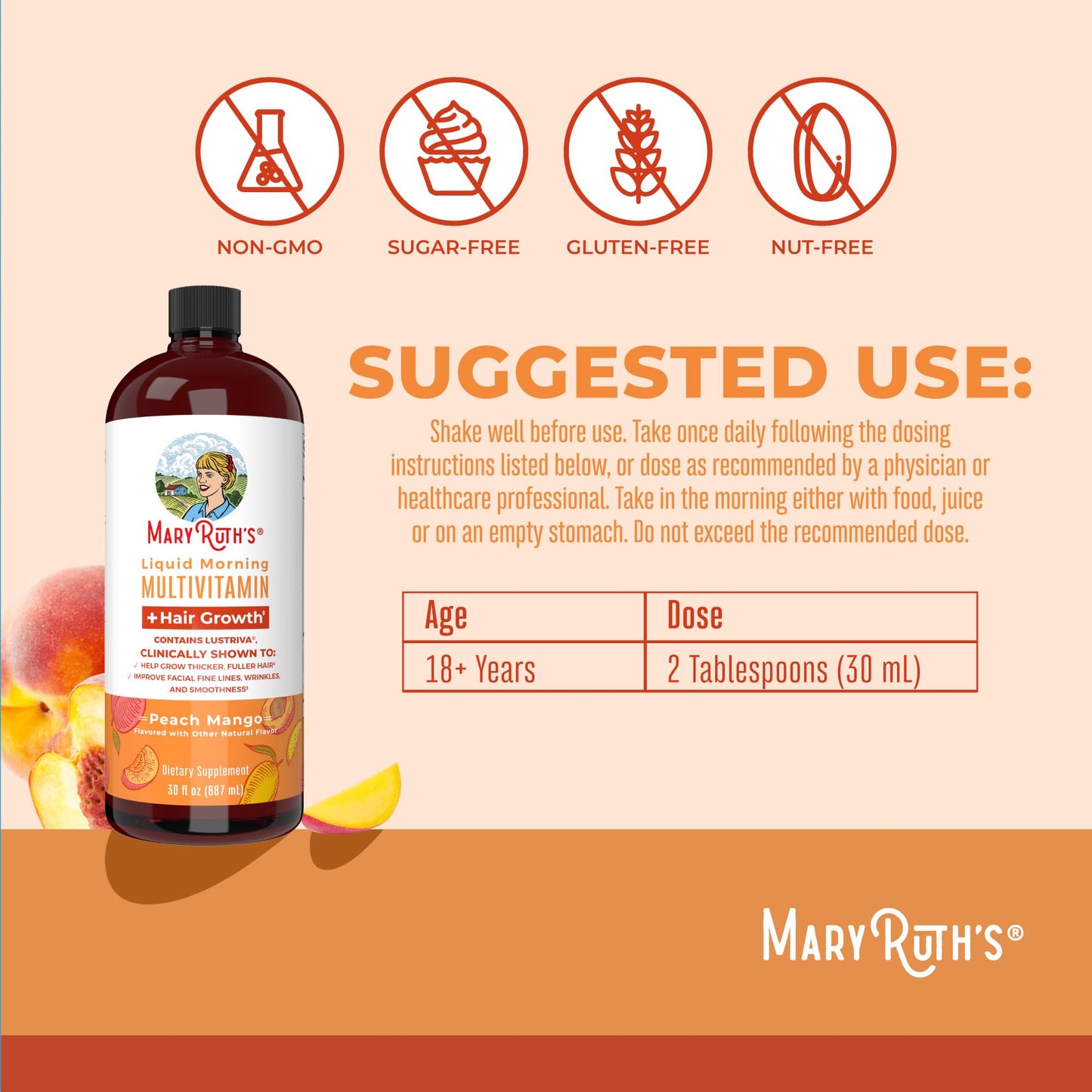 MaryRuth's Liquid Multivitamin + Hair Growth | Biotin 10000mcg | Lustriva Hair Growth Supplement | Clinically Tested in Women for Thicker Hair & Facial Wrinkle | Skin Care | Ages 18+ | 15.22 Fl Oz