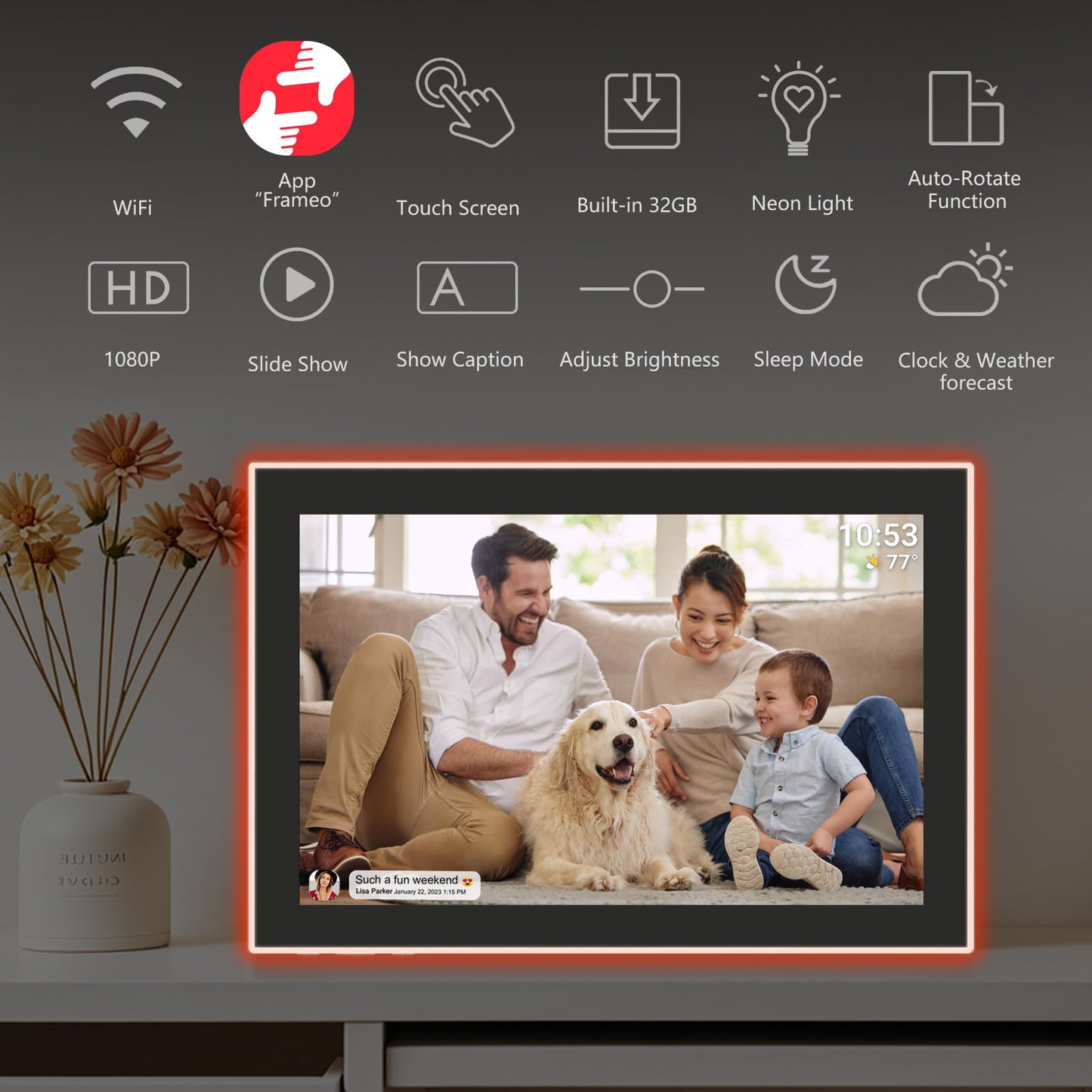 32GB FRAMEO 10.1 Inch Smart WiFi Digital Photo Frame 1280x800 IPS LCD Touch Screen, Auto-Rotate Portrait and Landscape, Built in 32GB Memory, Share Moments Instantly via Frameo App from Anywhere