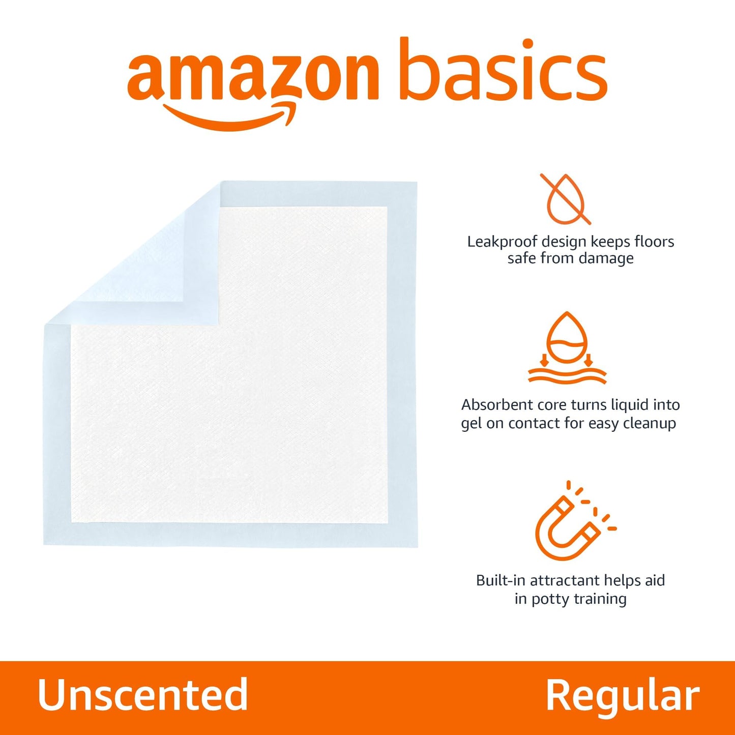 Amazon Basics Dog and Puppy Pee Pads, 5-Layer Leak-Proof Super Absorbent, Quick-Dry Surface, Potty Training, Regular (22x22"), 100 Count, Blue & White