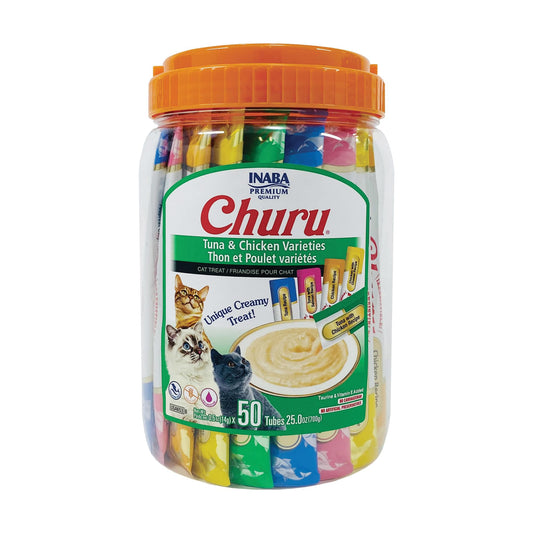 INABA Churu Cat Treats, Grain-Free, Lickable, Squeezable Creamy Purée Cat Treat/Topper, 60 Servings, Chicken Variety Box