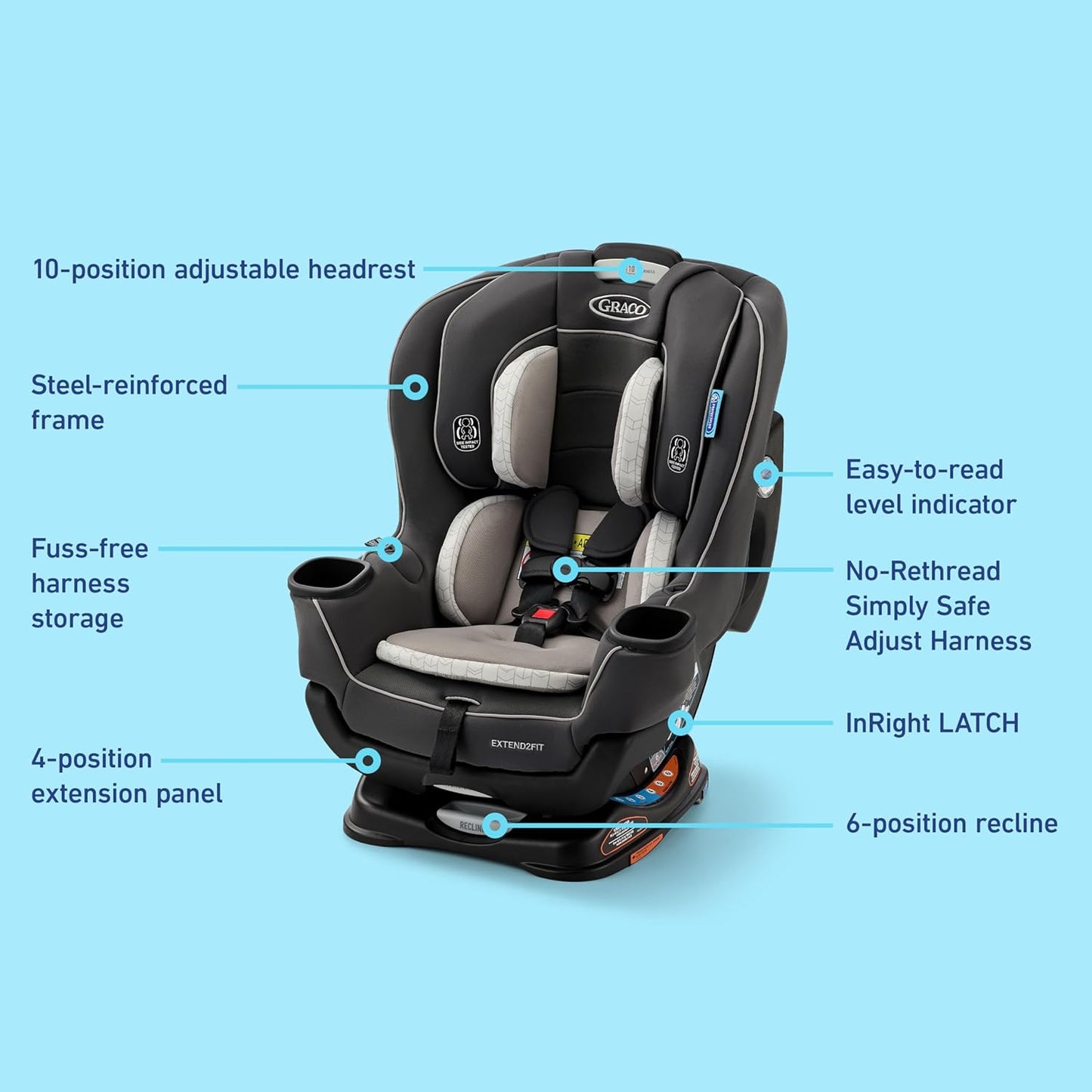 Graco Extend2Fit Convertible Baby Car Seat, Rear and Forward Facing, Adjustable Extension Panel for Extra Legroom, Gotham