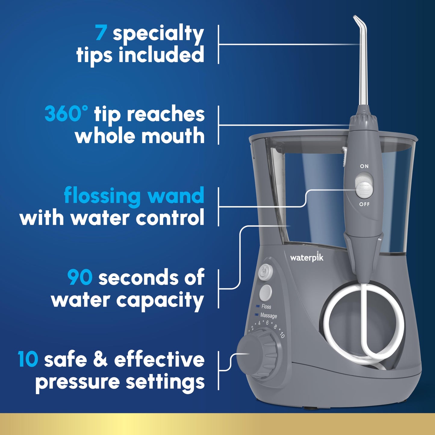Waterpik Aquarius Water Flosser For Teeth Cleaning, Gums, Braces, Dental Care, Electric Power With 10 Settings, 7 Tips For Multiple Users And Needs, ADA Accepted, White WP-660, Packaging May Vary