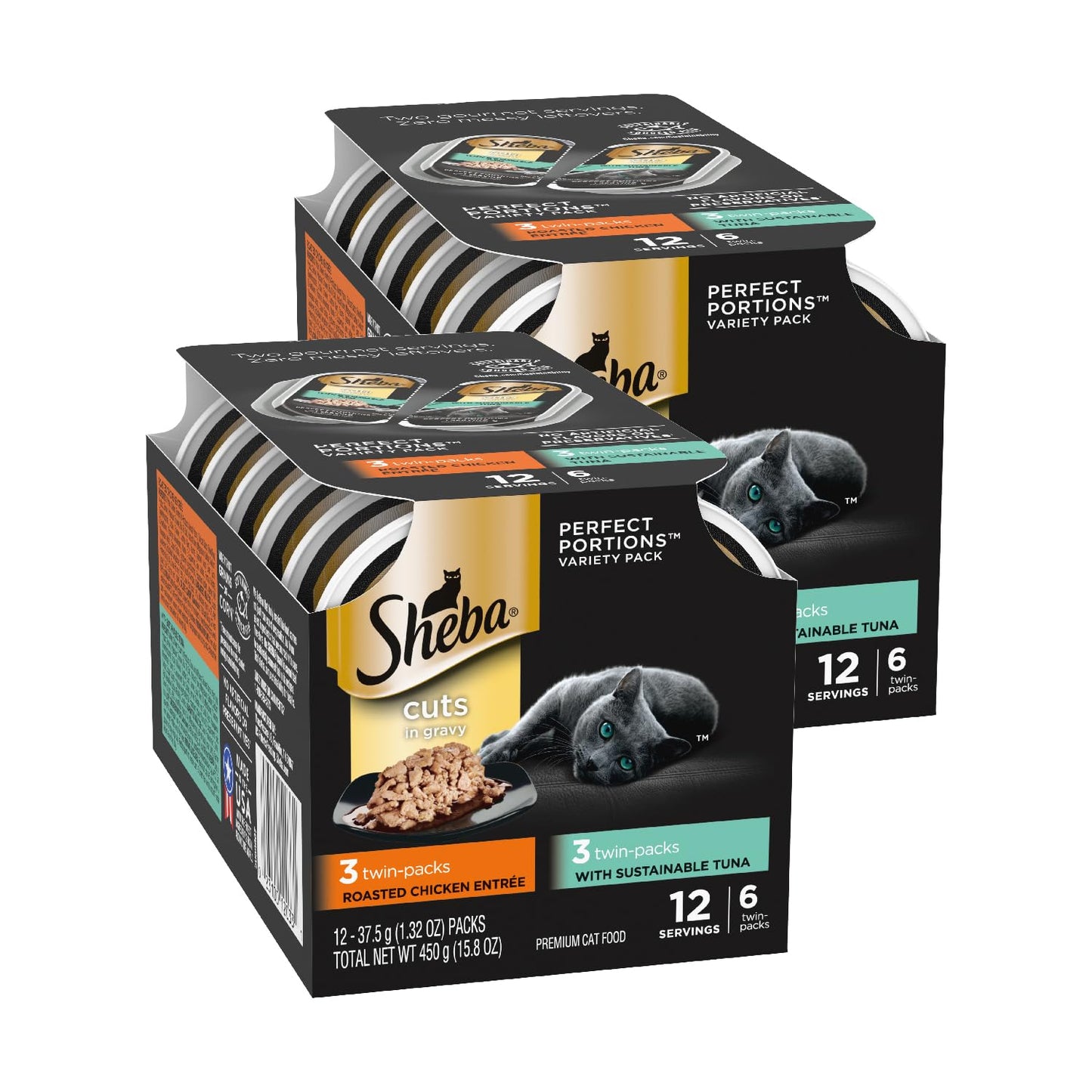 Sheba Perfect Portions Wet Cat Food Cuts in Gravy, Roasted Chicken Entree, with Sustainable Salmon, Tender Turkey Entree, 2.6 oz. Twin-Pack Trays (24 Count, 48 Servings)