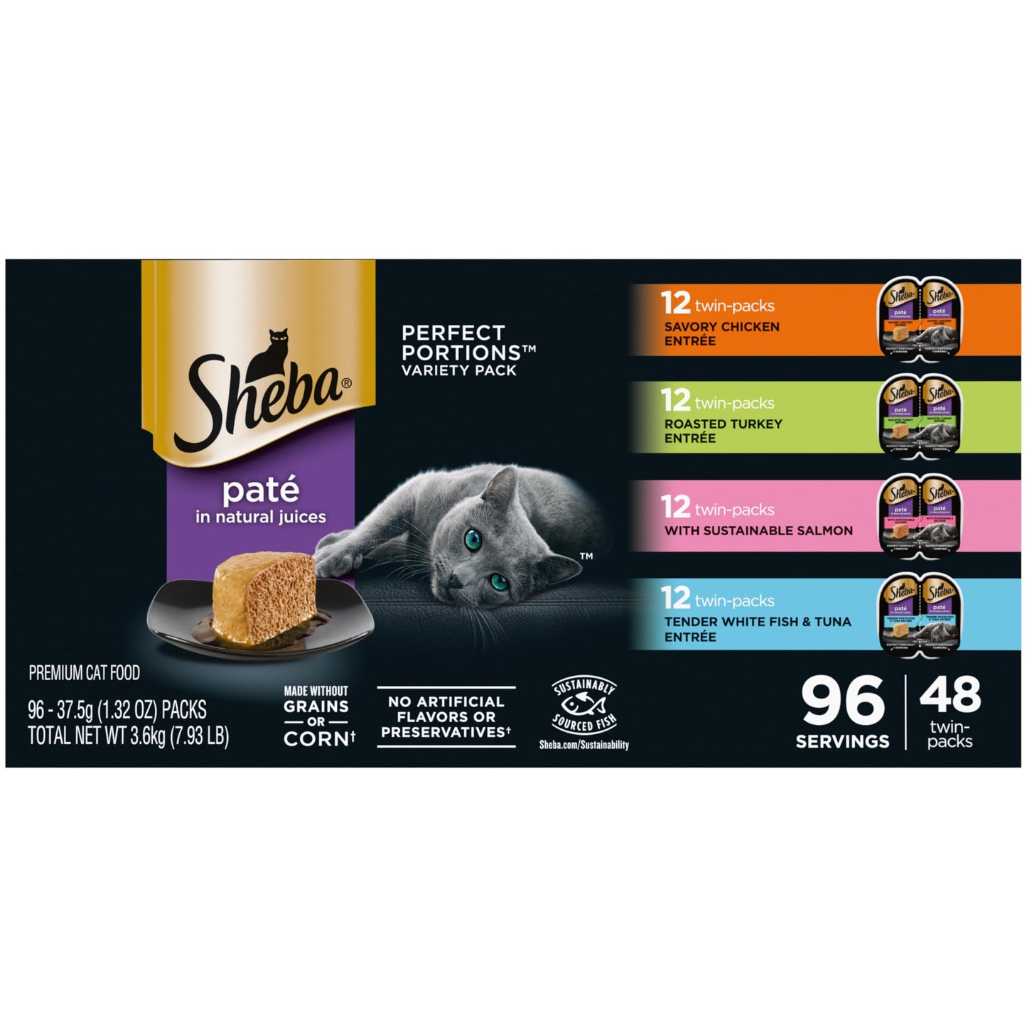 Sheba Perfect Portions Wet Cat Food Pate Savory Chicken Entree, Roasted Turkey Entree, and Tender Beef Entree Variety Pack, 2.6 oz. Twin Pack Trays (24 Count, 48 Servings)