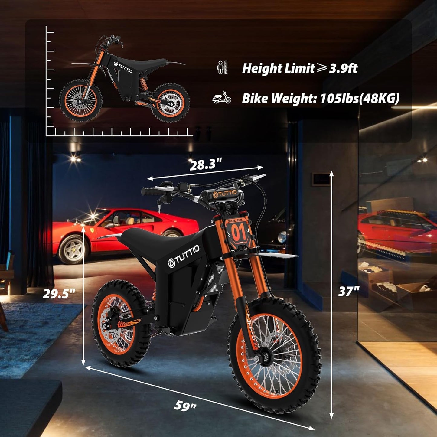 Tuttio Soleil 01 Electric-Dirt-Bike Soleil 01 BF Electric-Bike with 48V 21Ah Removable Battery, 37MPH, 14"/12" Fat Tire E-Motorcycle for Mountain Off-Road Teens Adults, Fit Age 13+