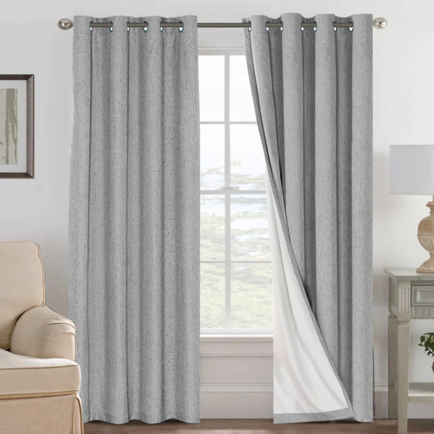 H.VERSAILTEXLinen-Polyester Curtains 100%Blackout Curtains for Bedroom 96"Long Full Light Blocking Nature Linen-Polyester Blended Window Curtains for LivingRoomNickel Grommet(2Panels,HeatheredNatural)
