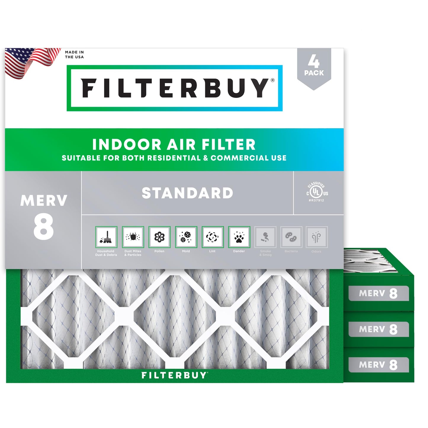 Filterbuy 16x25x1 Air Filter MERV 8 Essential Dust & Allergy Defense (4-Pack), Electrostatic Pleated HVAC AC Furnace Filters Replacement, Made in USA (Actual Size: 15.50 x 24.50 x 0.75)