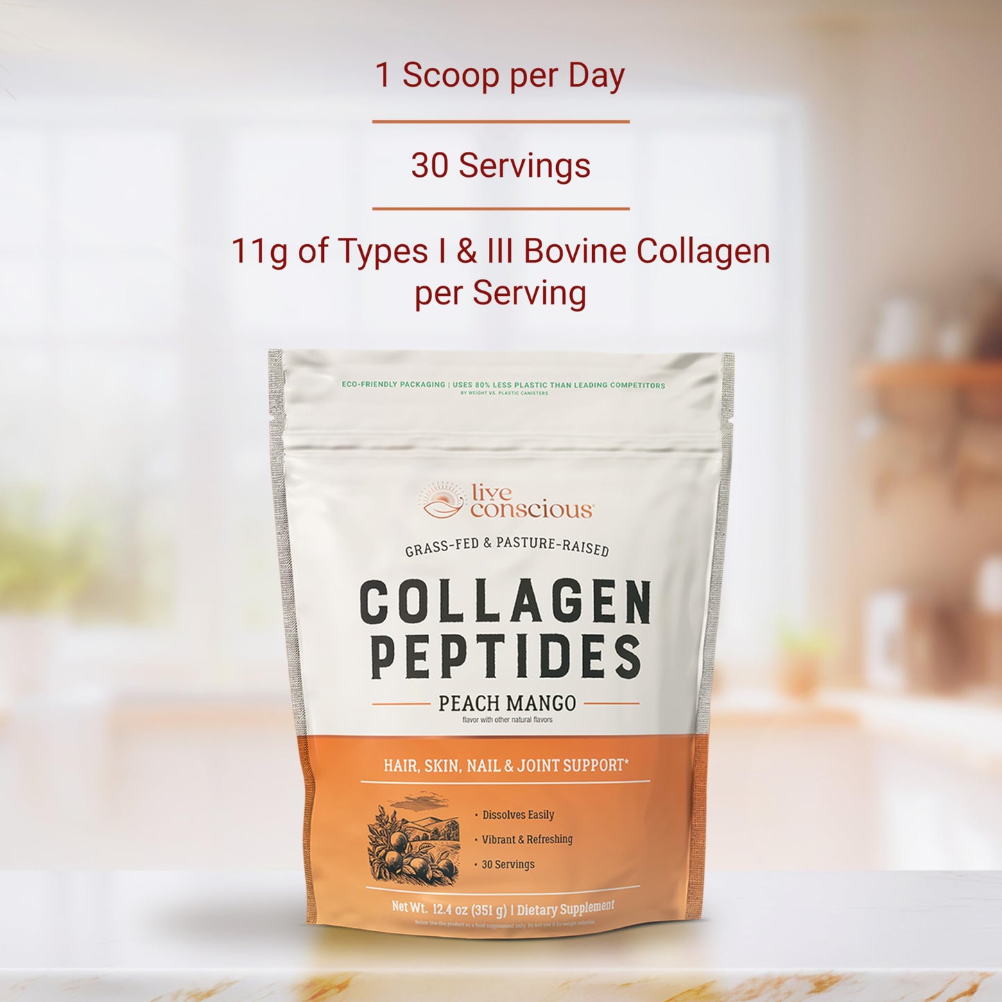 Live Conscious Collagen Peptides Powder - Naturally-Sourced Hydrolyzed Collagen Powder - Hair, Skin, Nail, and Joint Support - Type I & III Grass-Fed Collagen Supplements for Women and Men - 16oz