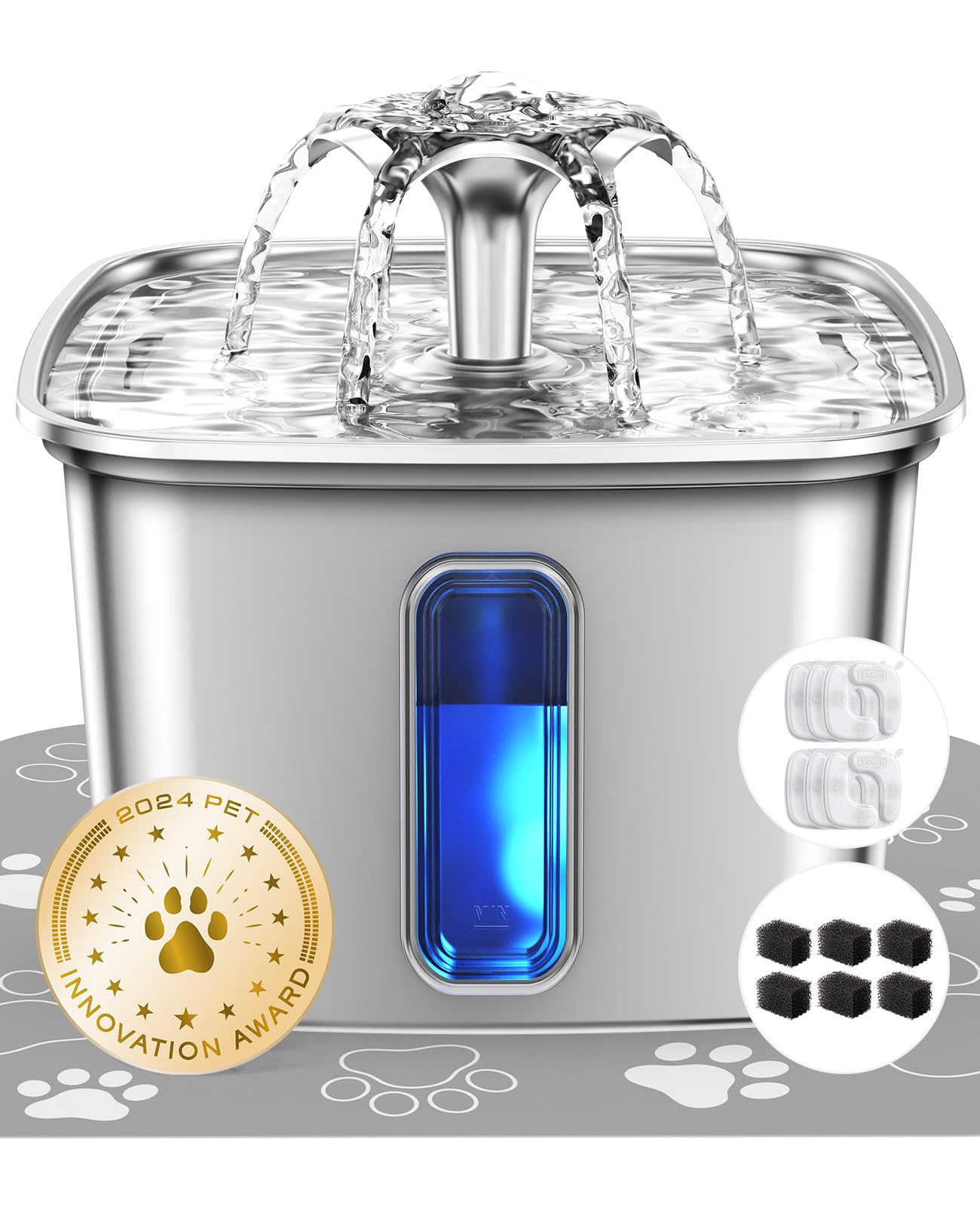 Veken Innovation Award Winner Stainless Steel Cat Water Fountain, 95oz/2.8L Automatic Pet Fountain Dog Water Dispenser with Replacement Filters & Silicone Mat, Gifts for Christmas, Cats, Dogs (Silver)