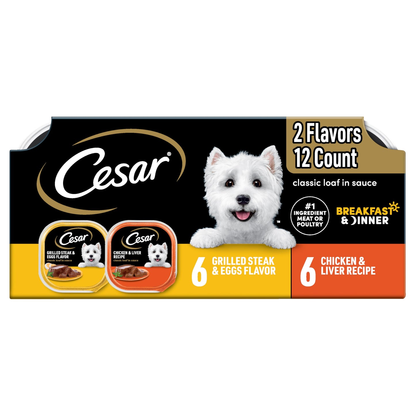 Cesar Wet Dog Food Classic Loaf in Sauce Grilled Chicken, Filet Mignon, Porterhouse Steak, Beef, Chicken & Liver and Turkey Variety Pack 3.5 oz. Easy Peel Trays (36 Count, Pack of 1)