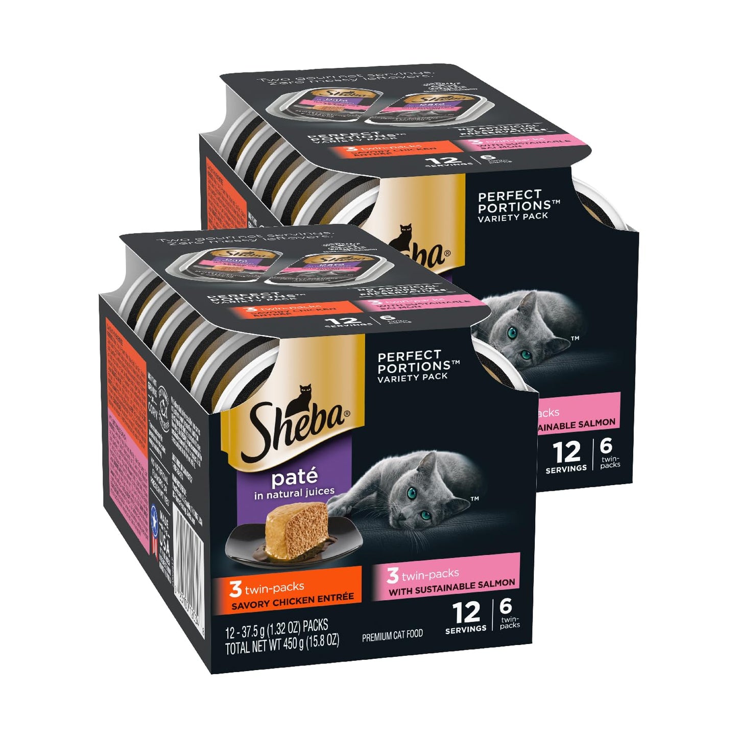 Sheba Perfect Portions Wet Cat Food Pate Savory Chicken Entree, Roasted Turkey Entree, and Tender Beef Entree Variety Pack, 2.6 oz. Twin Pack Trays (24 Count, 48 Servings)