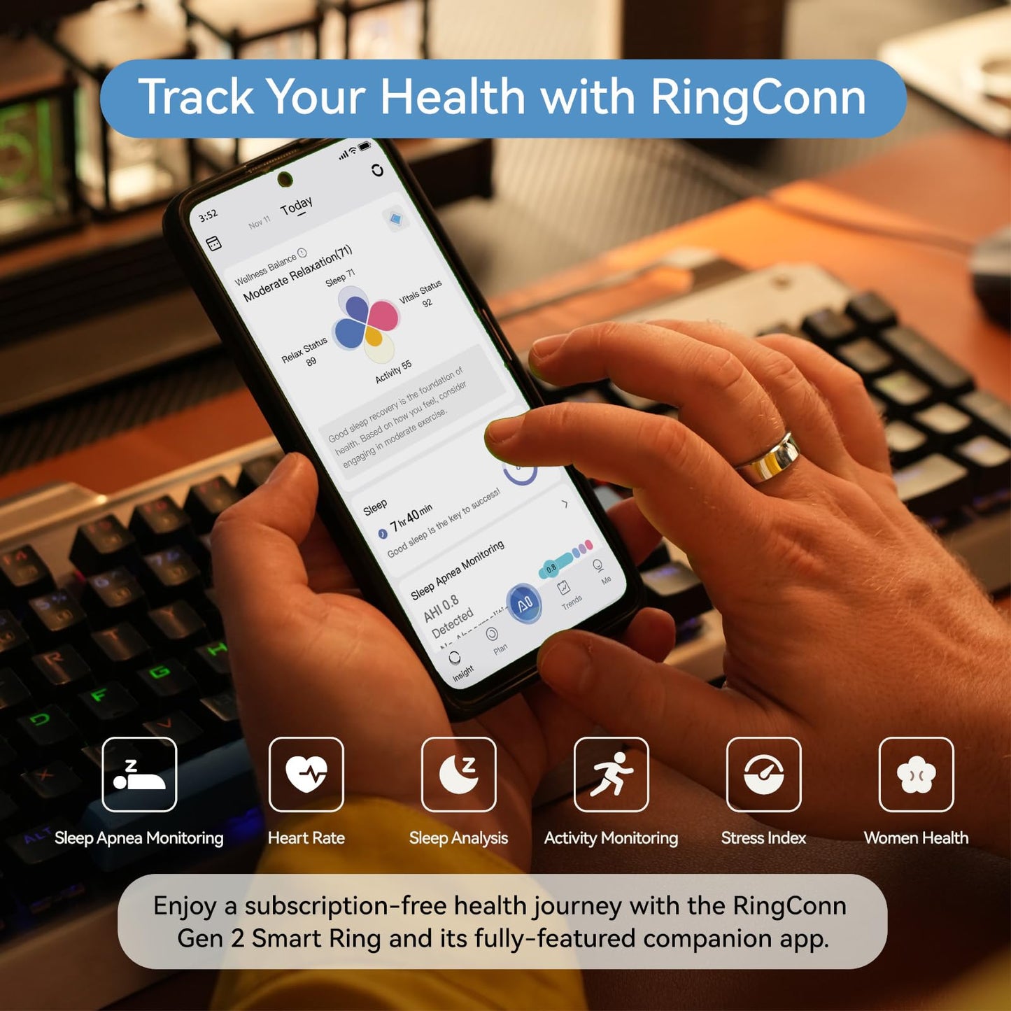 RingConn Gen 2, World’s First Smart Ring with Sleep Apnea Monitoring, No APP Subscription, 12-Day Battery Life, Stress/Heart Rate/Women's Health Tracker, Android & iOS Compatible (Gold, Size 10)
