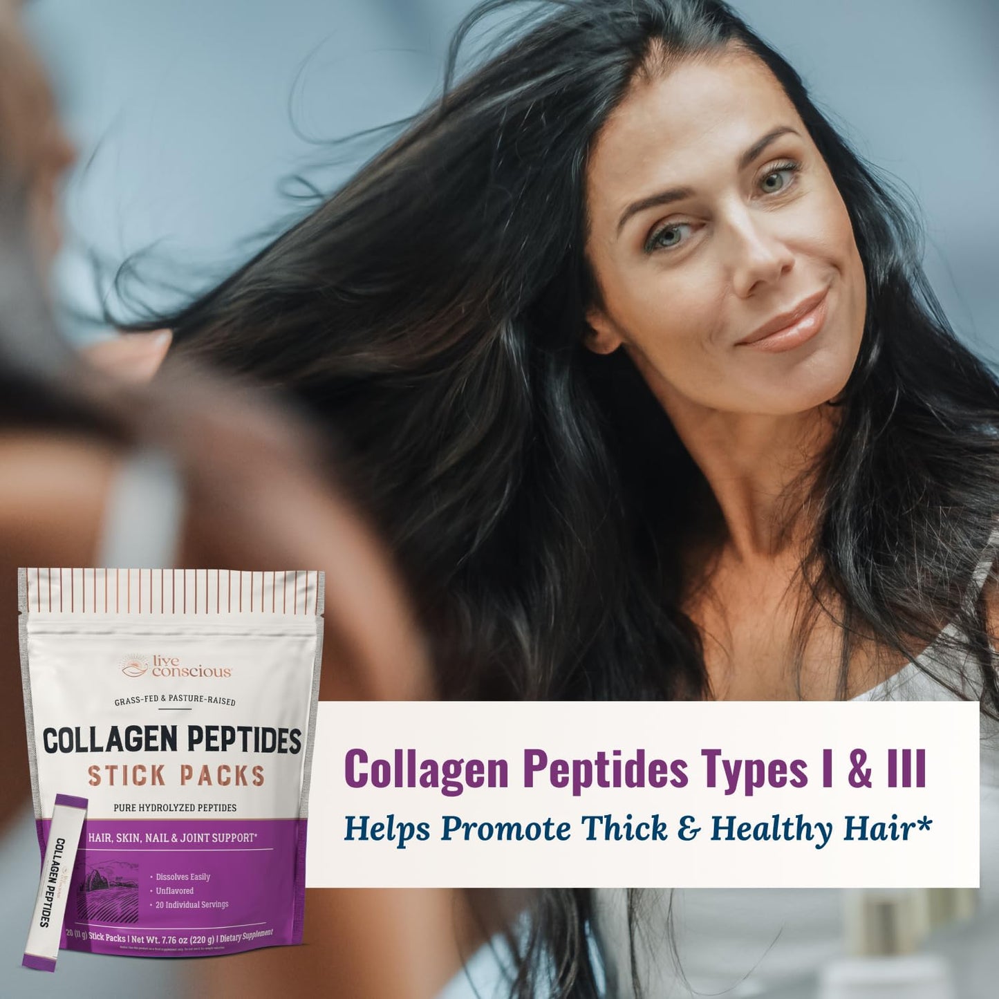 Live Conscious Collagen Peptides Powder - Naturally-Sourced Hydrolyzed Collagen Powder - Hair, Skin, Nail, and Joint Support - Type I & III Grass-Fed Collagen Supplements for Women and Men - 16oz