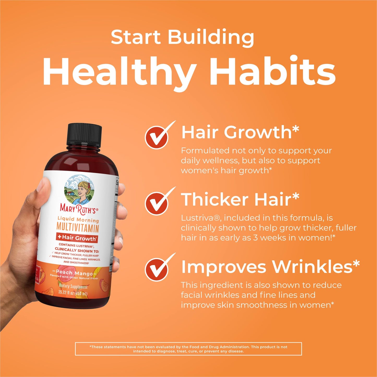 MaryRuth's Liquid Multivitamin + Hair Growth | Biotin 10000mcg | Lustriva Hair Growth Supplement | Clinically Tested in Women for Thicker Hair & Facial Wrinkle | Skin Care | Ages 18+ | 15.22 Fl Oz
