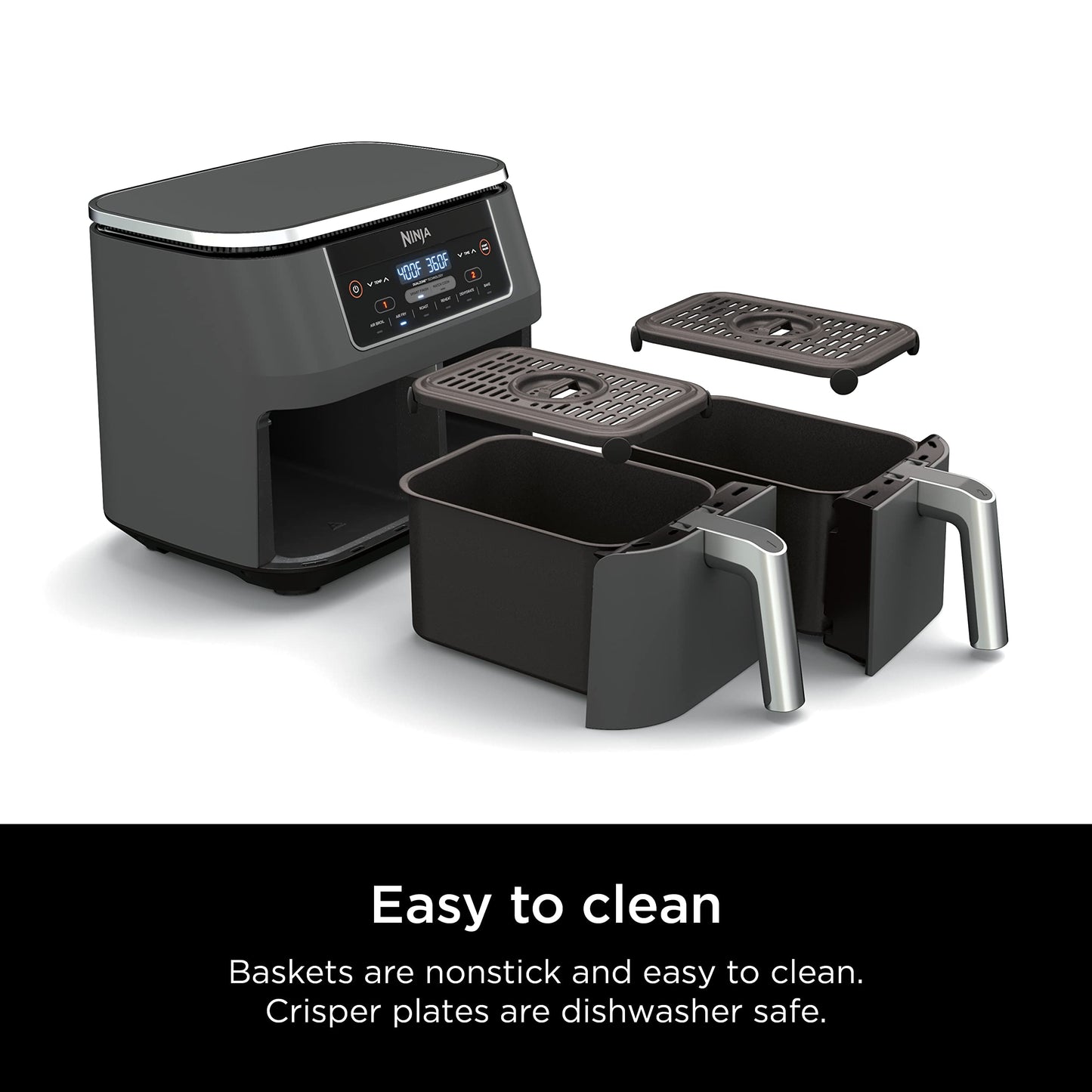 Ninja DZ401 Foodi 10 Quart 6-in-1 DualZone XL 2-Basket Air Fryer with 2 Independent Frying Baskets, Match Cook & Smart Finish to Roast, Broil, Dehydrate for Quick, Easy Family-Sized Meals, Grey