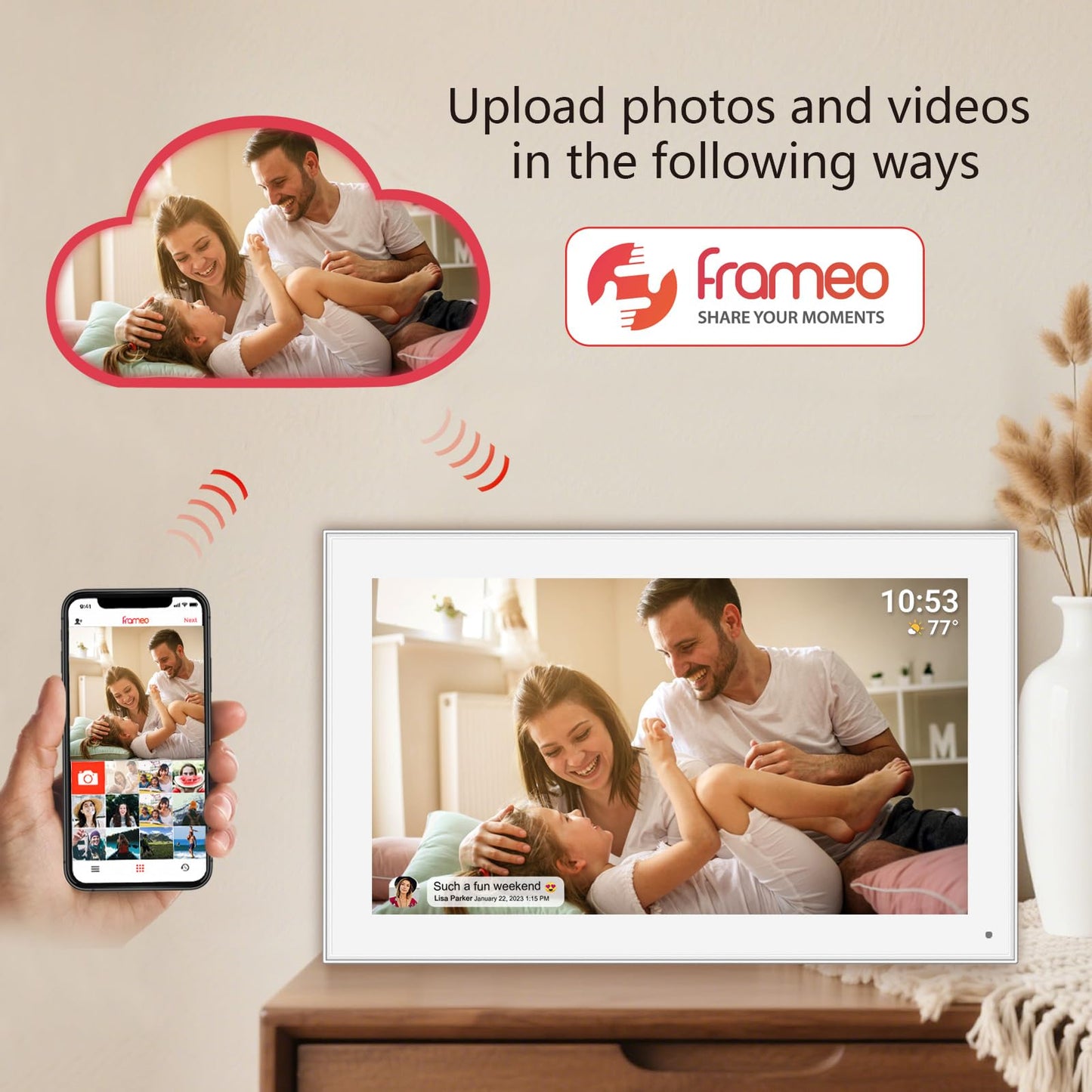 32GB FRAMEO 10.1 Inch Smart WiFi Digital Photo Frame 1280x800 IPS LCD Touch Screen, Auto-Rotate Portrait and Landscape, Built in 32GB Memory, Share Moments Instantly via Frameo App from Anywhere