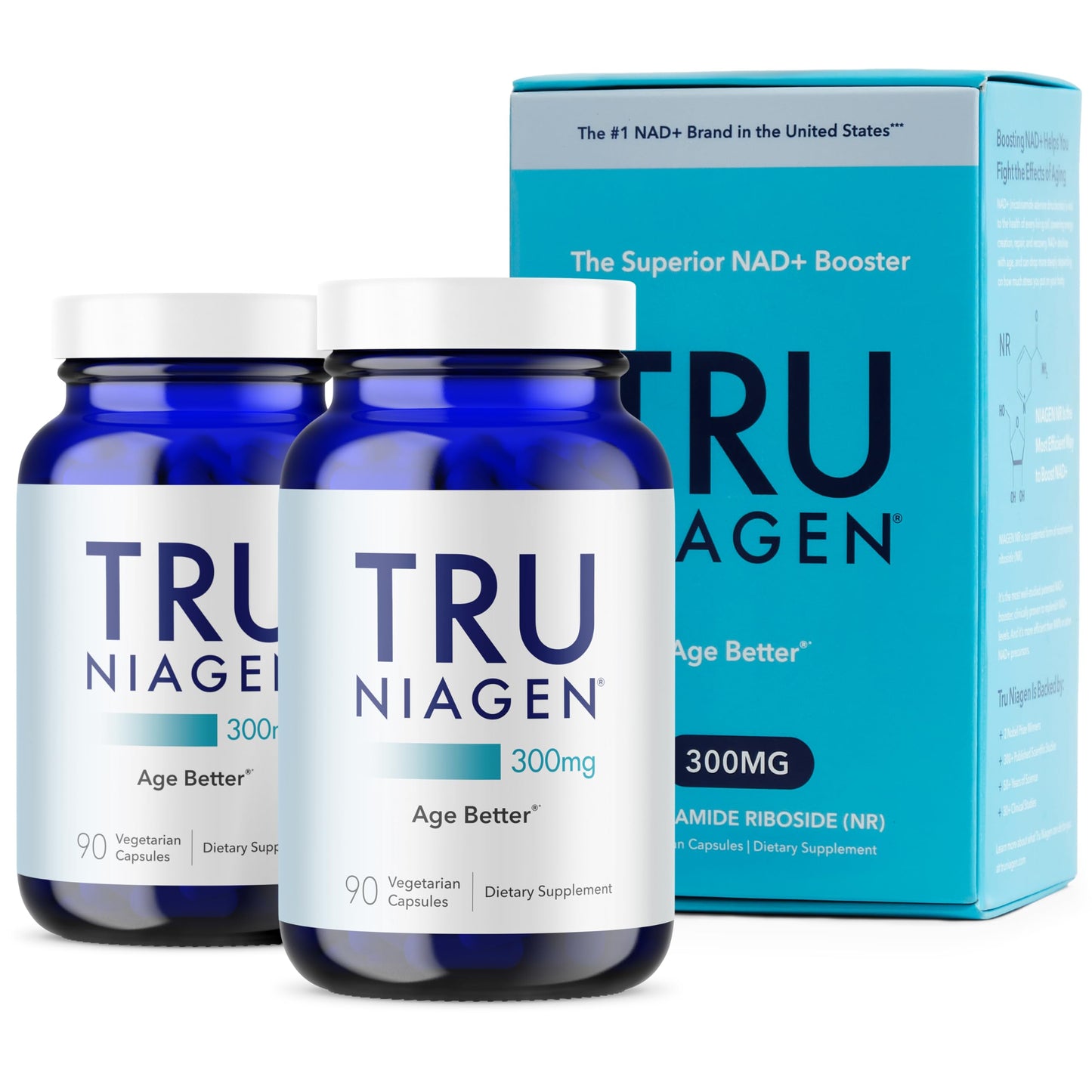 TRU NIAGEN Patented NAD Supplement for Anti Aging and Cell Regeneration, 300 mg Niagen, 90 Servings | Supports Cellular Energy, Brain, Muscle | Nicotinamide Riboside (NR) Take 1 Daily | 2 Bottles