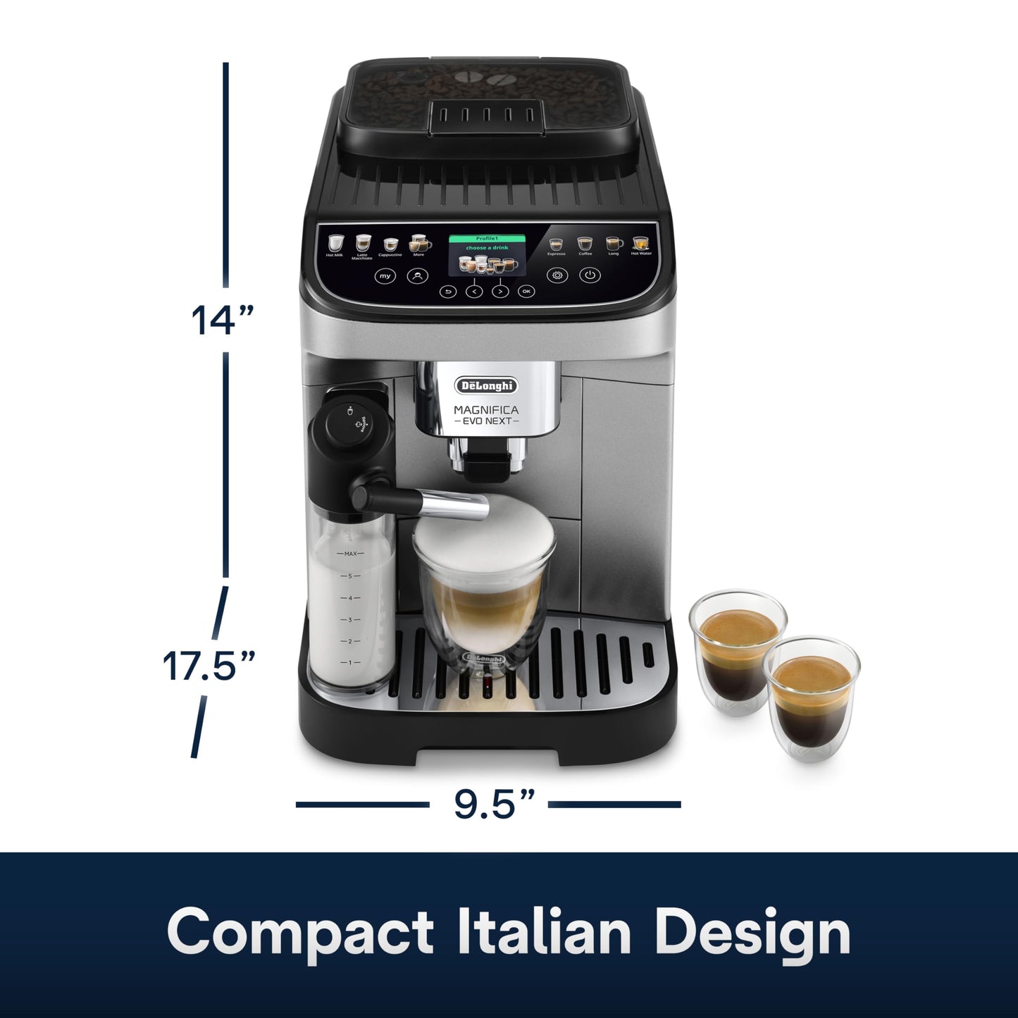 De'Longhi Magnifica Plus Fully Automatic Espresso Machine - Brew 18+ One Touch Coffee Recipes for up to 4 User Profiles, Automatic Milk Steam Wand & Built-in Grinder, Touchscreen Display