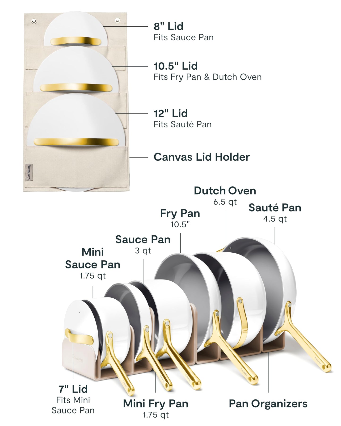 Caraway Deluxe Non-stick Ceramic Cookware Set (16 Piece) Pots, Frying Pans, Lids and Kitchen Storage - PFAS & PFOA Free - Oven Safe Pan Set & Compatible with All Stovetops - Cream