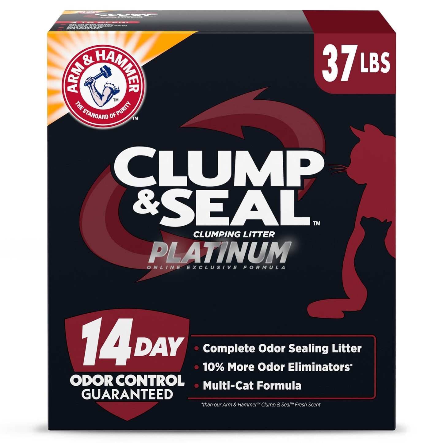 ARM & HAMMER Clump & Seal Platinum Cat Litter, Multi-Cat, 14-Day Odor Control, Rock-Hard Clumps, 37 lbs – Powerful Odor Eliminator with Baking Soda