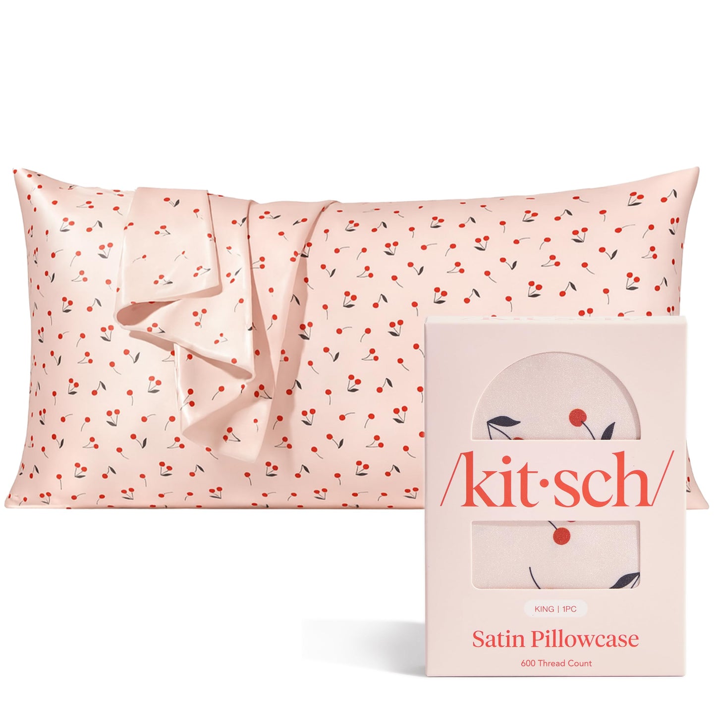 Kitsch Satin Pillowcase, Softer Than Silk Pillow Cases Queen, Cooling Pillow Covers, Satin Pillowcase w/Zipper for Hair, Skin & Quality Sleep, Wrinkle-Free & Smooth, Queen Size 19"x26", Cherry Print