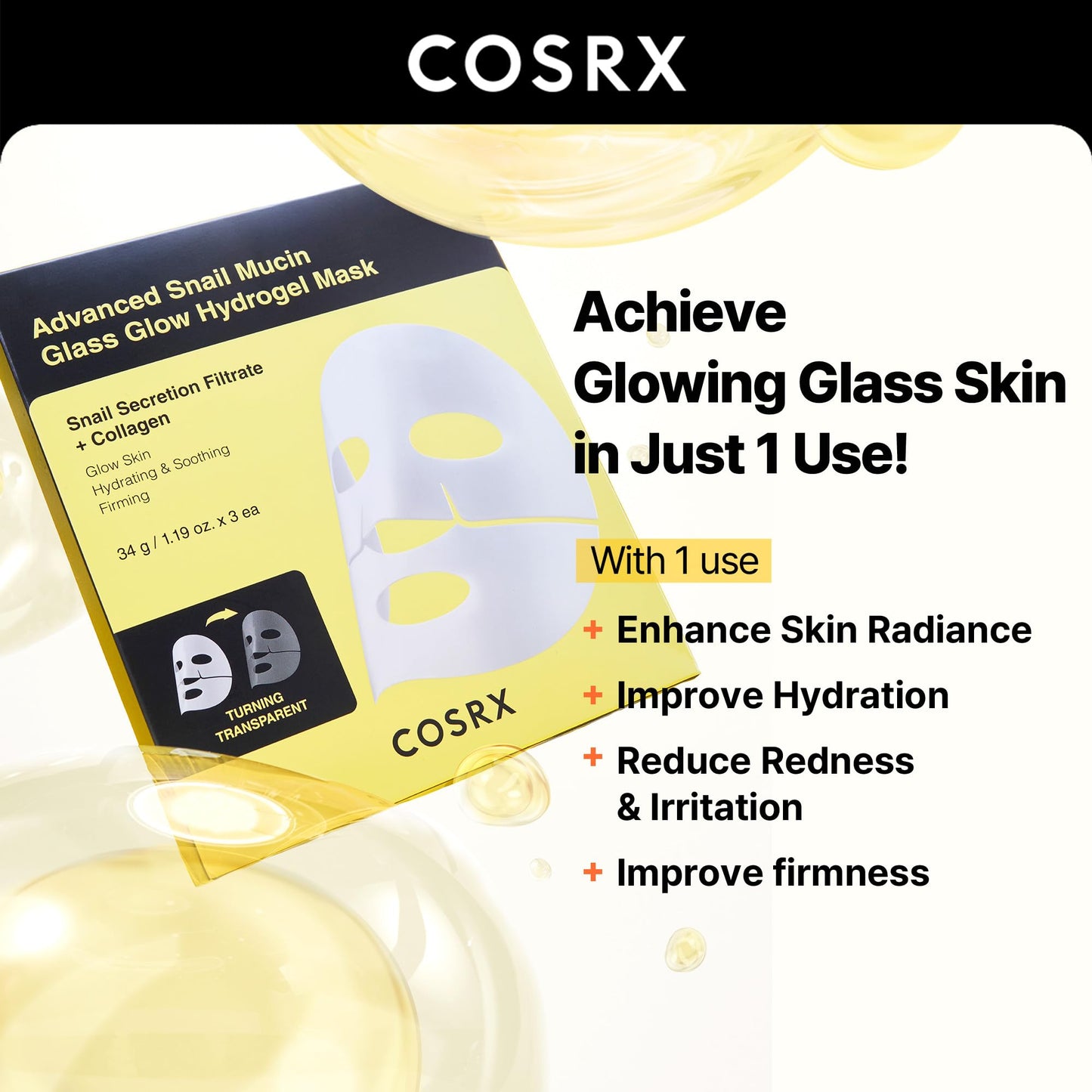 COSRX Advanced Snail Mucin Glass Glow Hydrogel Face Masks Skincare 3 EA, Collagen Face Mask, Travel Essentials, Overnight Face Mask, Korean Skin Care, Stocking Stuffers for Women