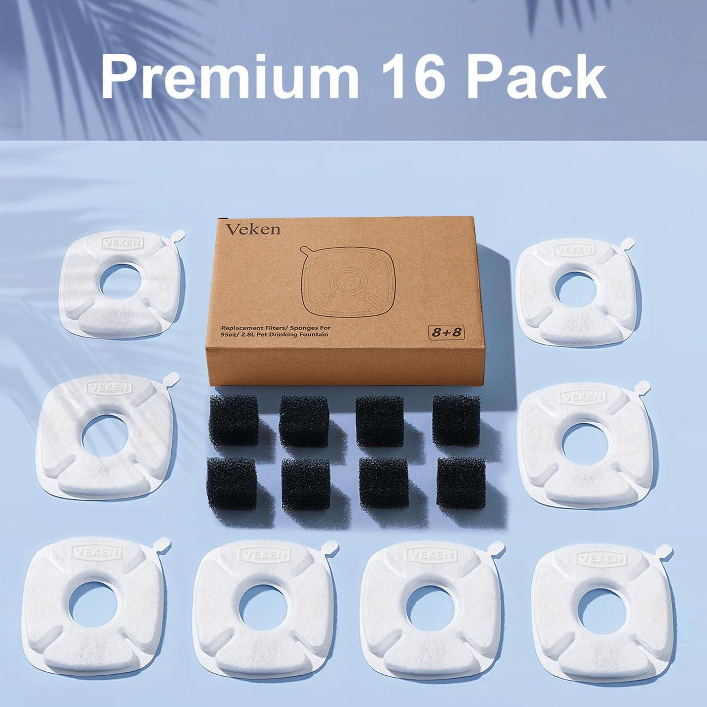 Veken Cat Water Fountain Filters, 8 Pack Replacement Filters & 8 Pack Replacement Pre-Filter Sponges Set for 50oz, 84oz, 95oz or 108oz Automatic Pet Fountain Dog Water Dispenser