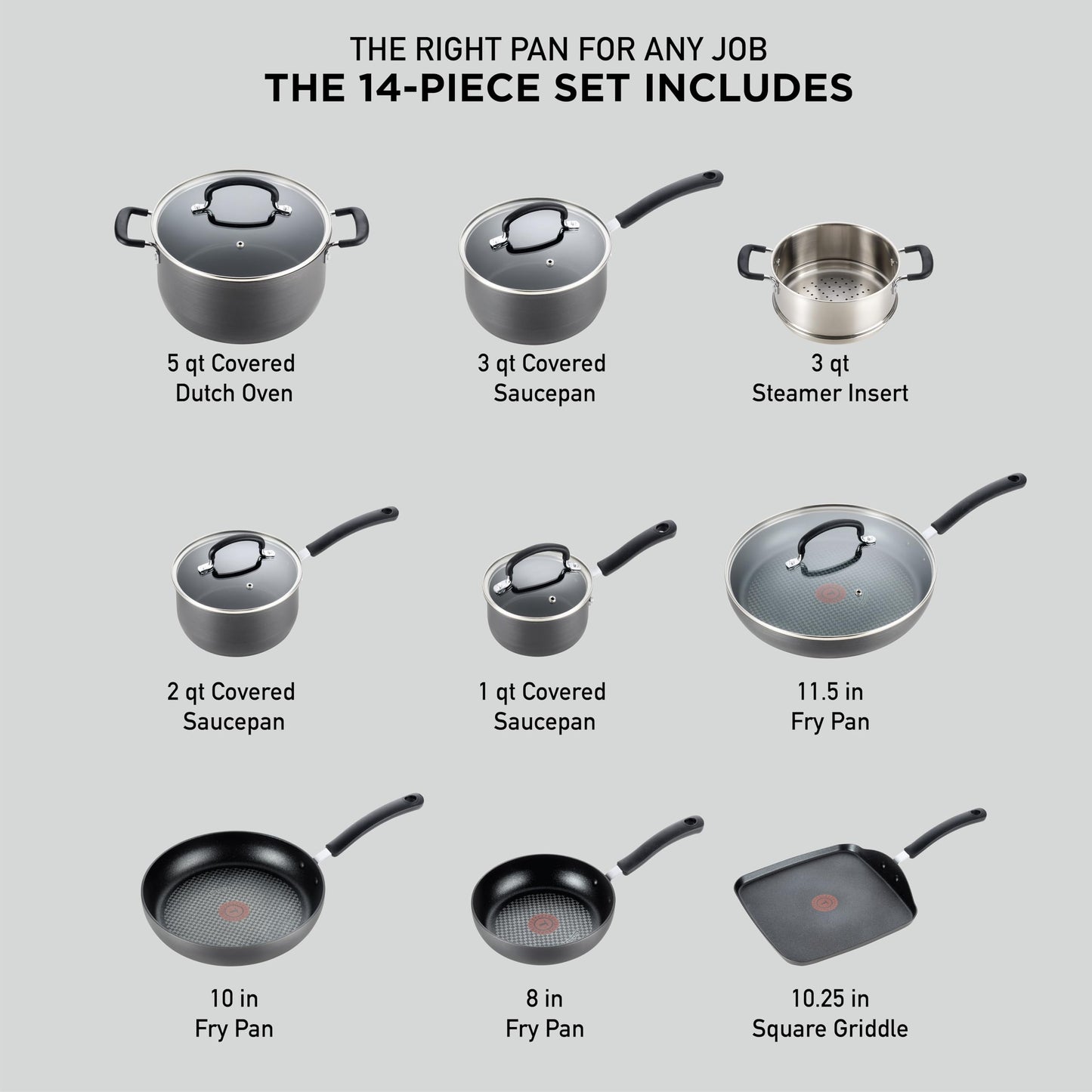 T-Fal Ultimate Hard Anodized Nonstick Cookware Set 17 Piece, Nonstick Pots and Pans Set with Fry Pan, Saucepans, Saute-Pan, Griddle, Dishwasher Safe, Black