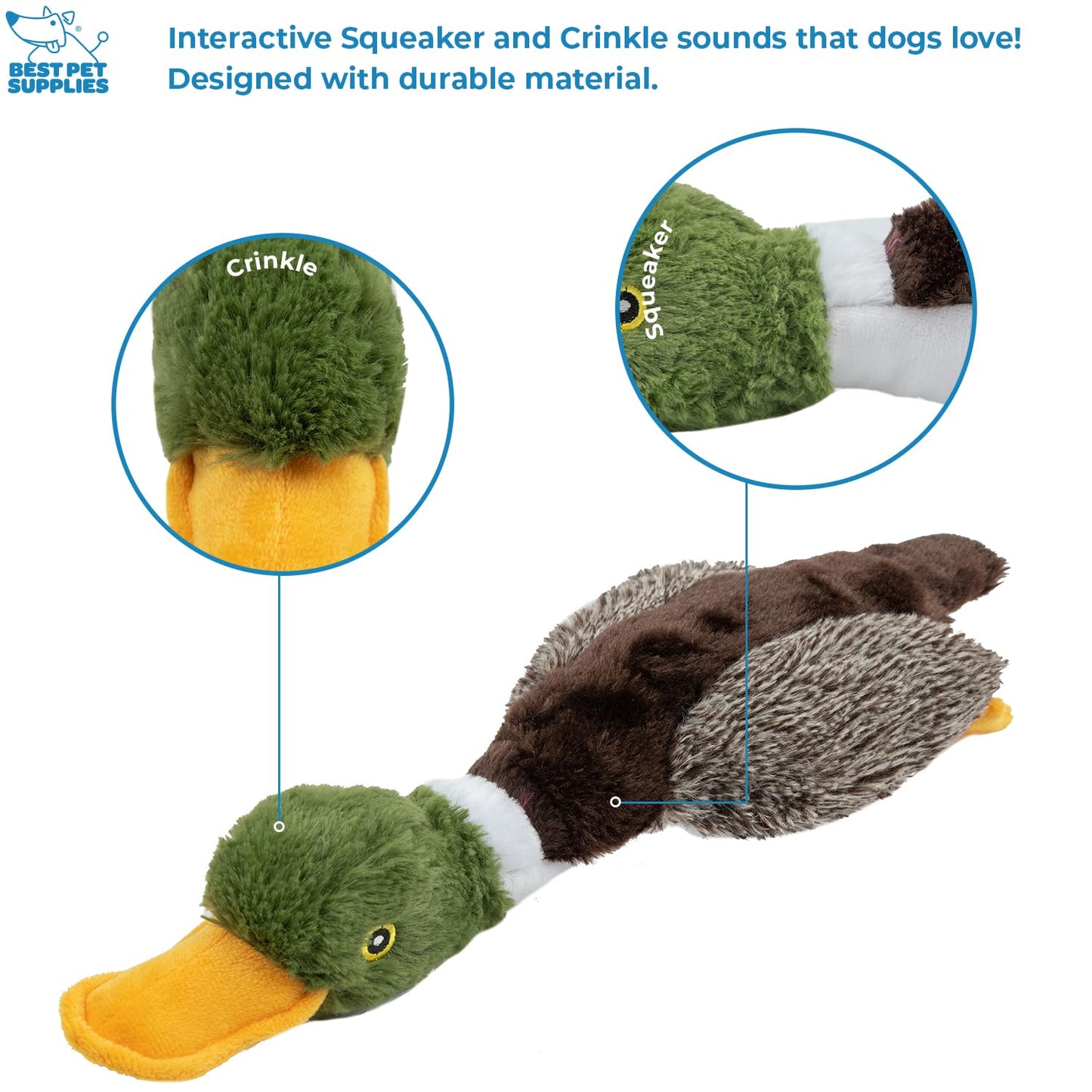 Best Pet Supplies Interactive Squeaky Dog Chew Toy, Ideal Dog Toys for Chewers, Small, Medium & Large Dogs, and Fetch Lovers - Crinkle Duck (Yellow), Large