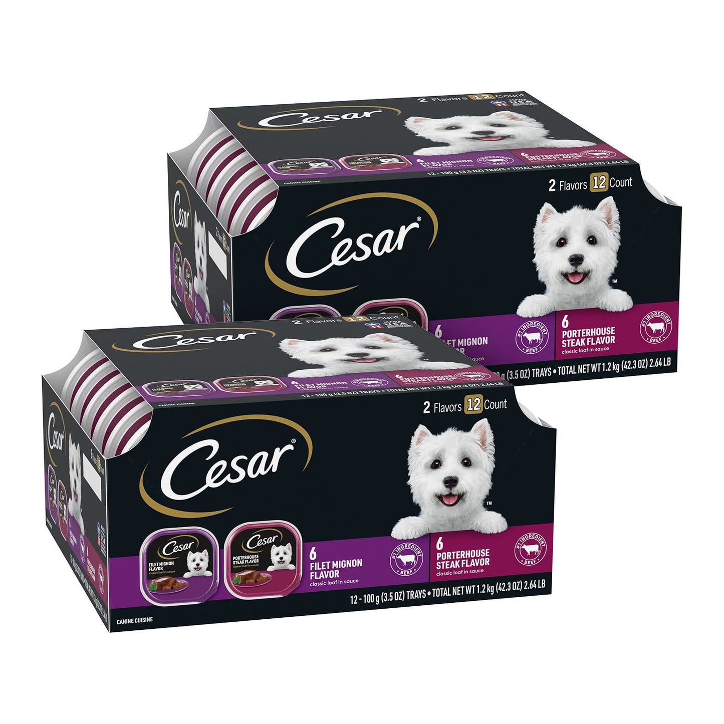 Cesar Wet Dog Food Classic Loaf in Sauce Grilled Chicken, Filet Mignon, Porterhouse Steak, Beef, Chicken & Liver and Turkey Variety Pack 3.5 oz. Easy Peel Trays (36 Count, Pack of 1)