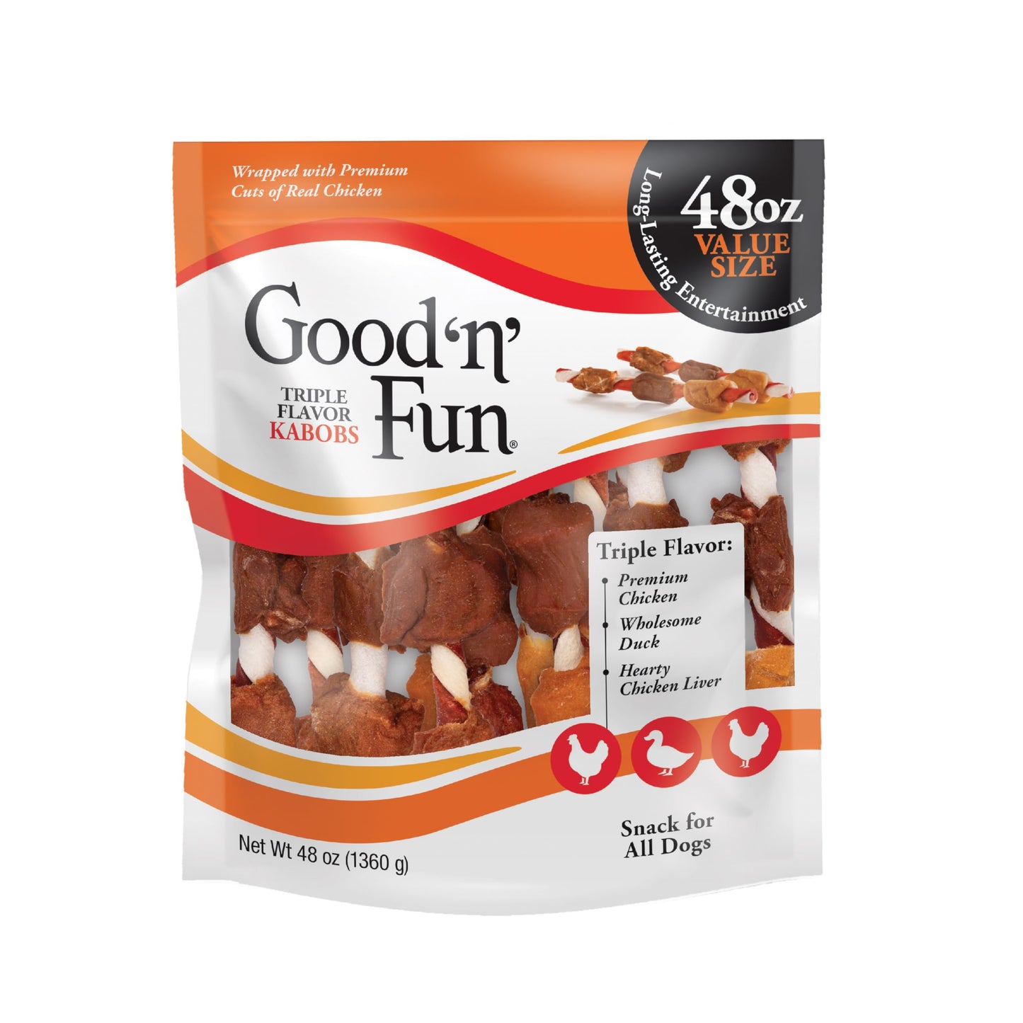 Good ‘n’ Fun Triple Flavor Kabobs Chews for All Dogs, 24 Ounces, Treat Your Dog to Chews Made from Beef Hide, Real Chicken, Pork Hide, Duck and Chicken Liver