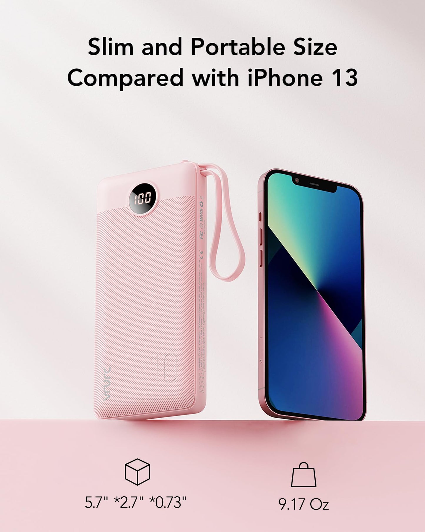 VRURC Portable Charger Power Bank, 10000mAh Travel Essentials Battery Pack, 5 Outputs 2 Inputs Slim Charing Bank Built-in Cables Cords Wires Compatible with iPhone,Samsung,Android-White(1 Pack)